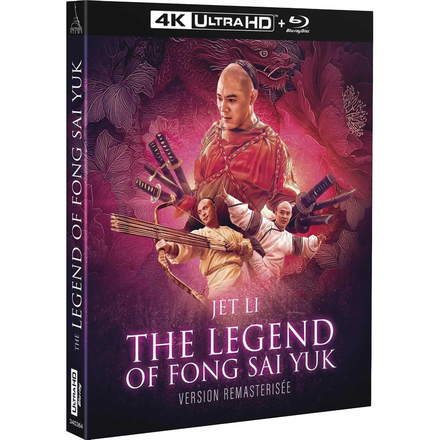Couverture Blu-ray avec Jet Li tenant un arc et une flèche, motif dragon.