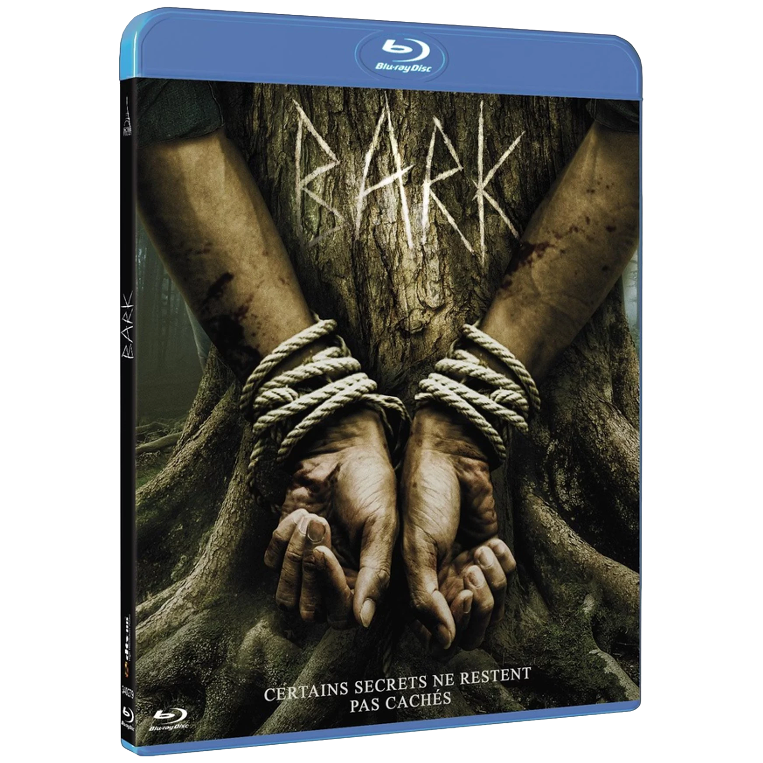 Boîtier Blu-ray avec des mains attachées à un arbre. Le titre est "BARK".