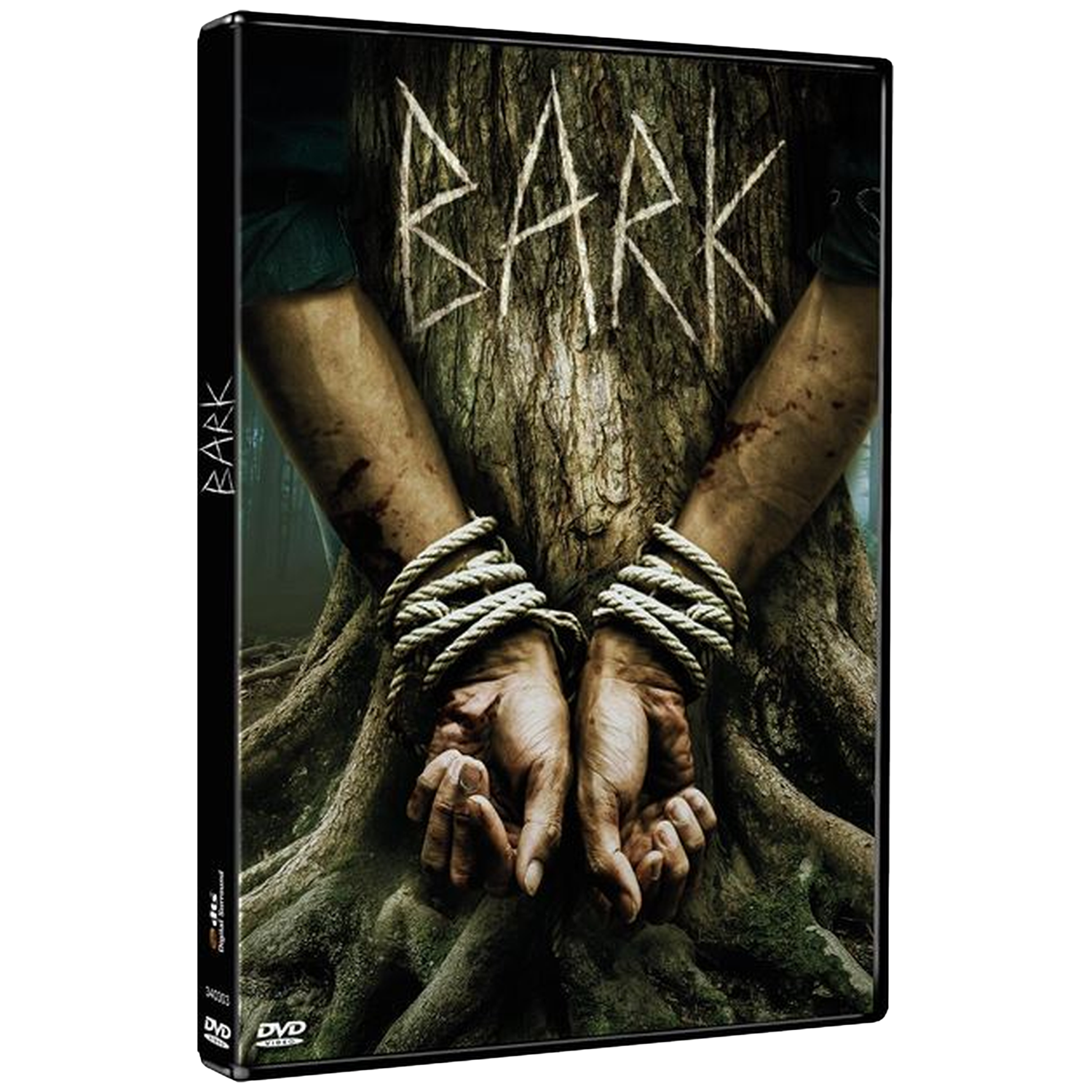Couverture DVD montrant des mains attachées à un arbre, avec le titre BARK.