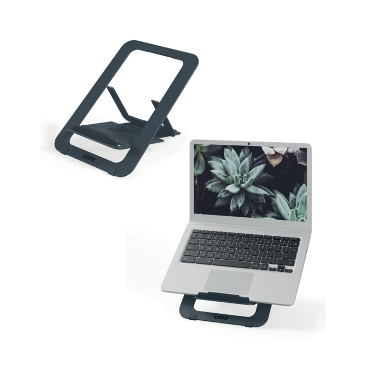 Un supporto scuro per laptop e un laptop aperto su un supporto.