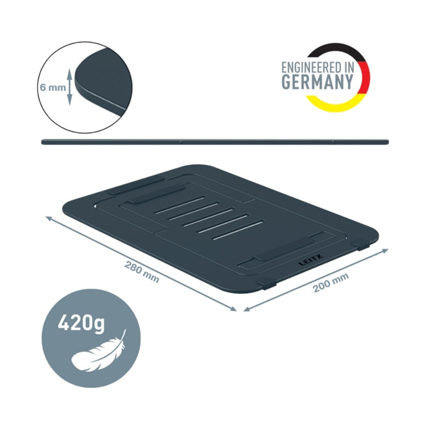Supporto per laptop grigio scuro con dimensioni e logo Leitz. Pesa 420g.