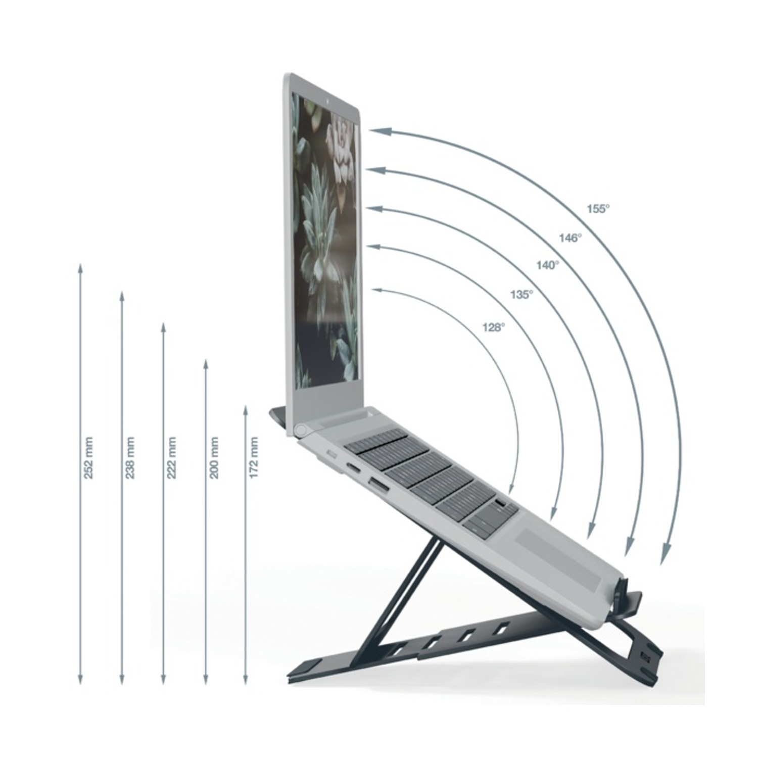 Un supporto per laptop con un laptop, che mostra vari angoli e altezze.