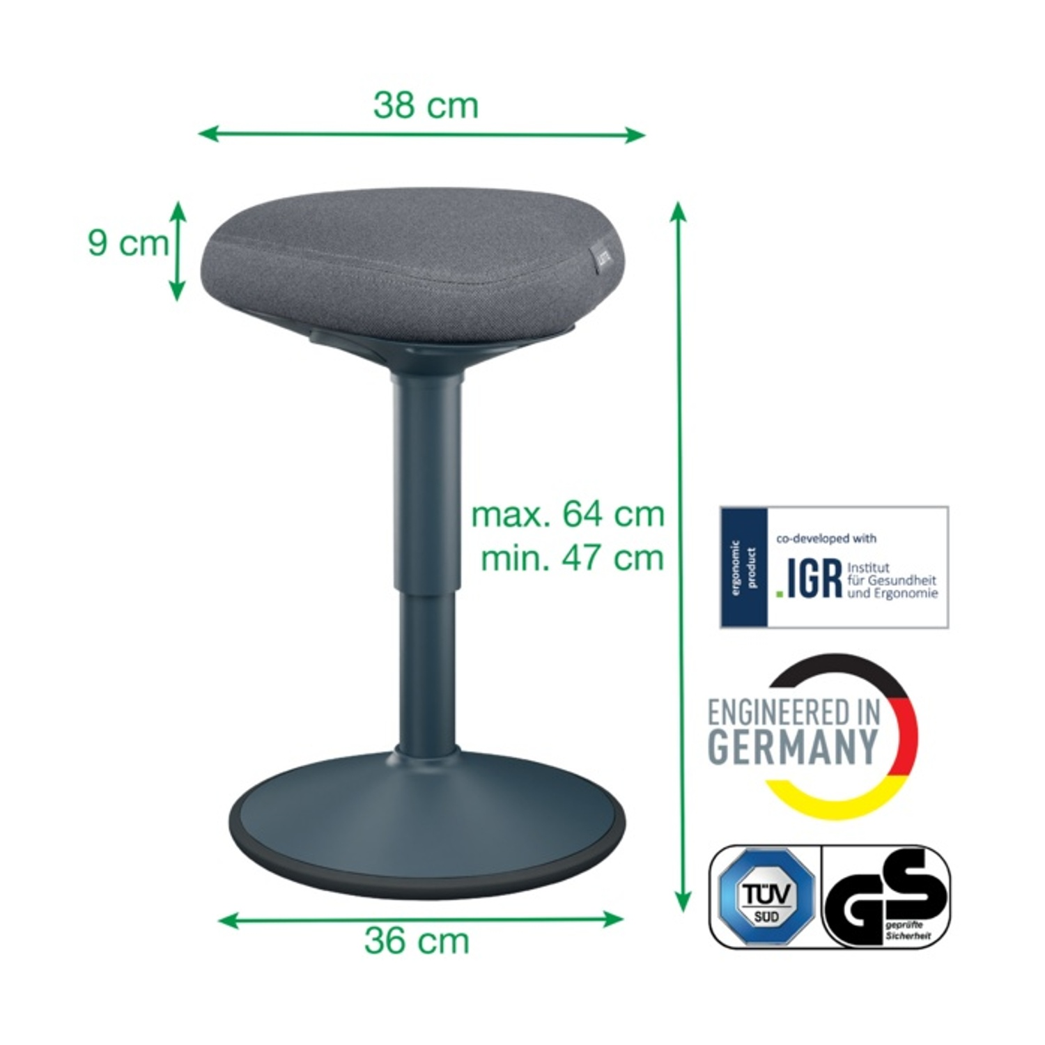 Uno sgabello grigio con dimensioni: 38 cm larghezza, 9 cm altezza seduta, 47-64 cm altezza totale, 36 cm base.