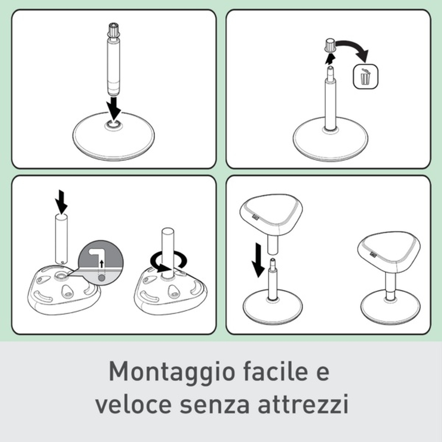Istruzioni di montaggio: Inserire il supporto, rimuovere il tappo, fissare, ruotare.