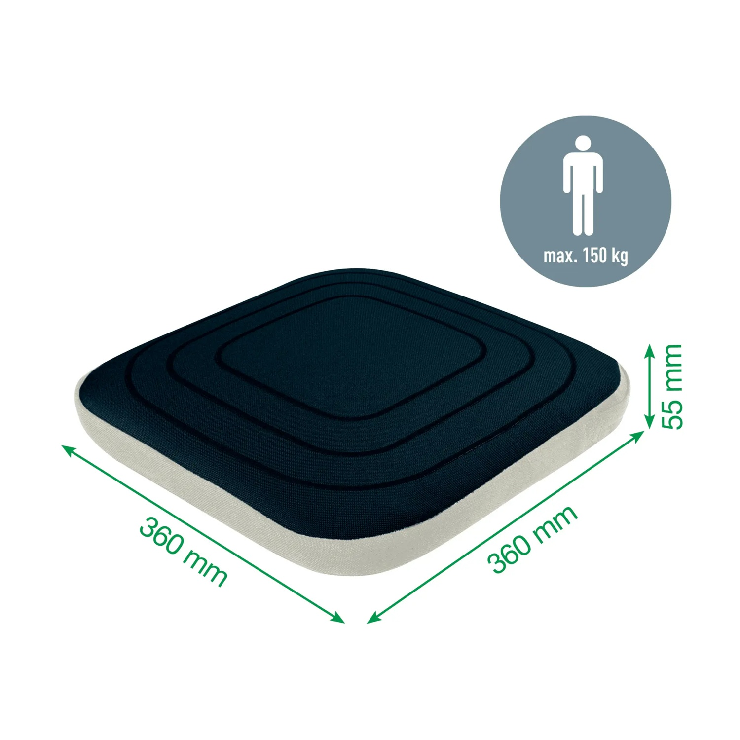 Cuscino blu scuro, 360x360mm, alto 55mm, capacità max. 150kg.