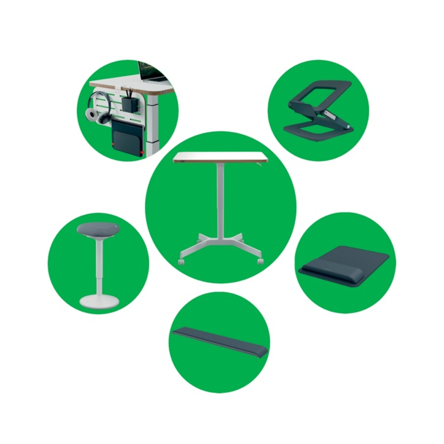 Una scrivania regolabile in altezza con accessori: supporto per laptop, sgabello, tappetino anti-fatica, poggiapolsi e organizer.