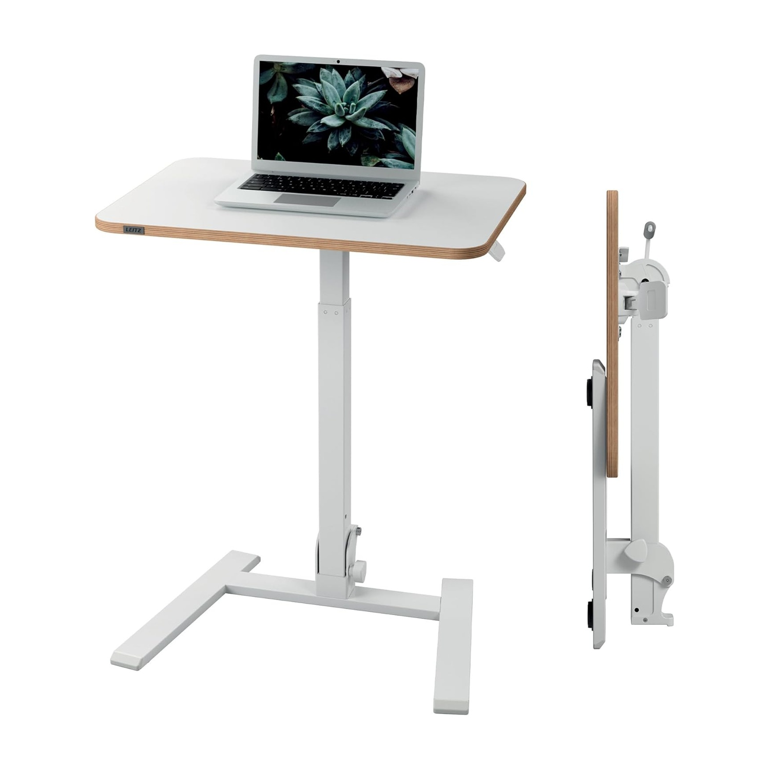 Un supporto bianco per laptop con laptop, mostrato piegato e aperto.