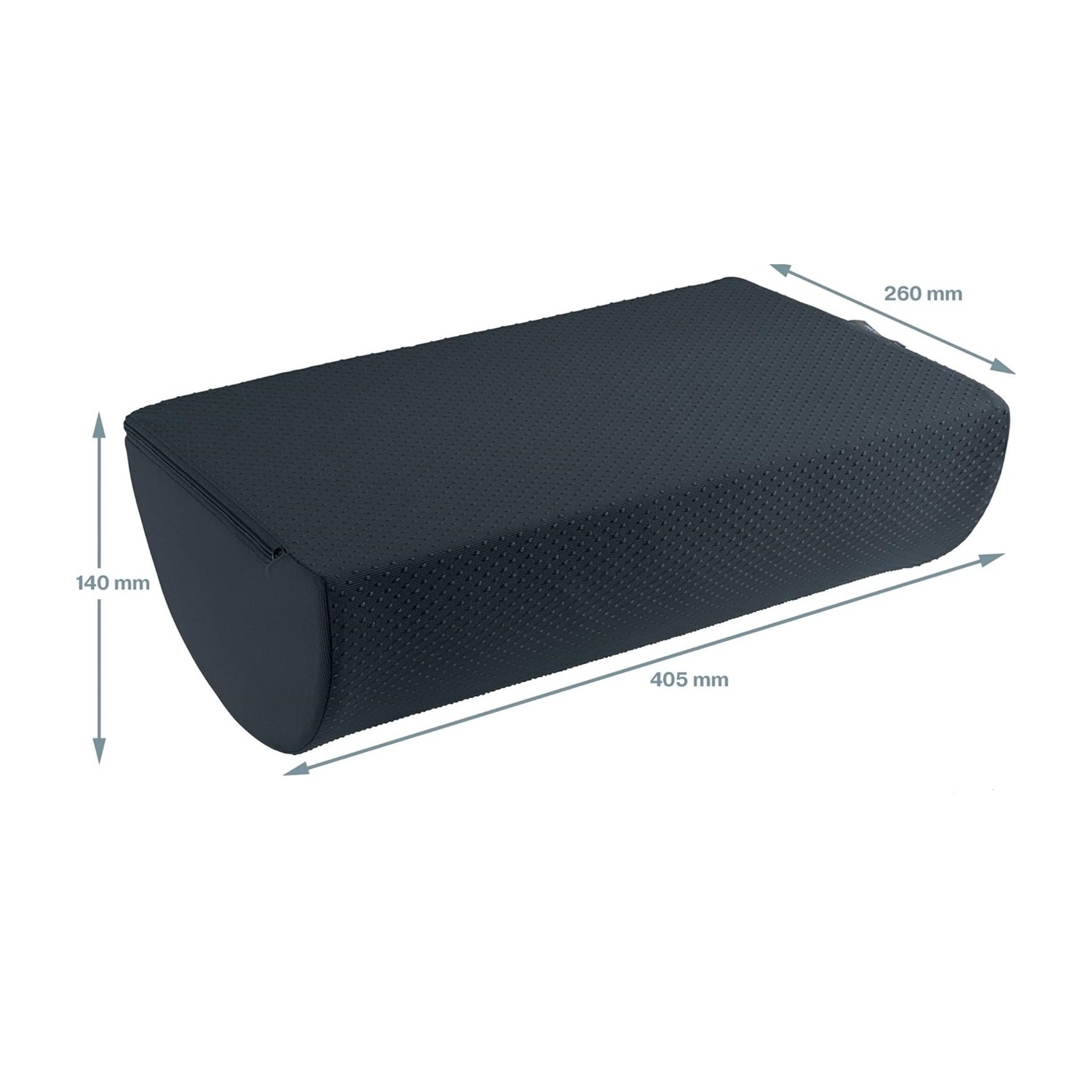 Un cuscino rettangolare grigio scuro con un lato arrotondato, che mostra le dimensioni: 140 mm, 260 mm e 405 mm su bianco.