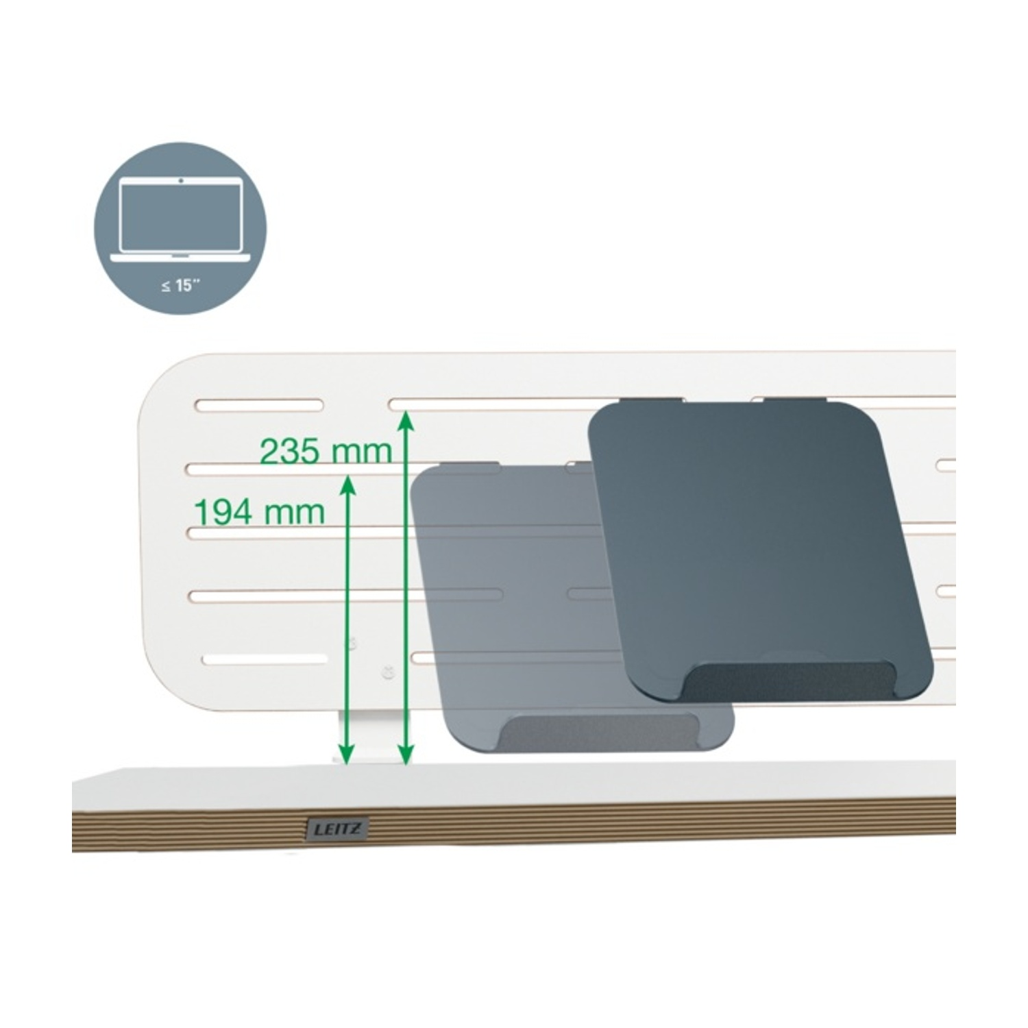 Supporto per laptop mostra le misure 235 mm e 194 mm.