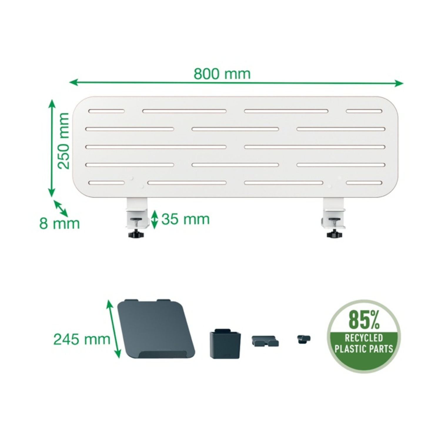 Vassoio bianco 800x250mm con morsetti, più componenti ed etichetta 85% plastica riciclata.