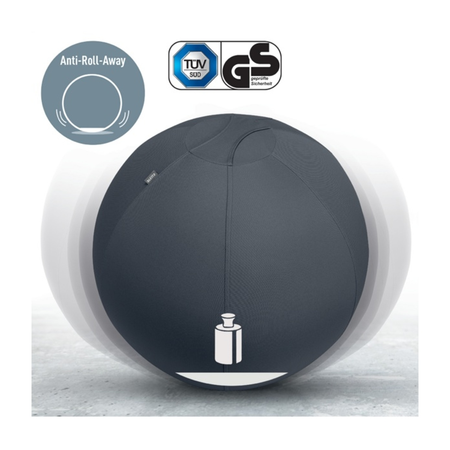 Un pallone da ginnastica grigio scuro con icona Anti-Roll-Away e certificazioni.