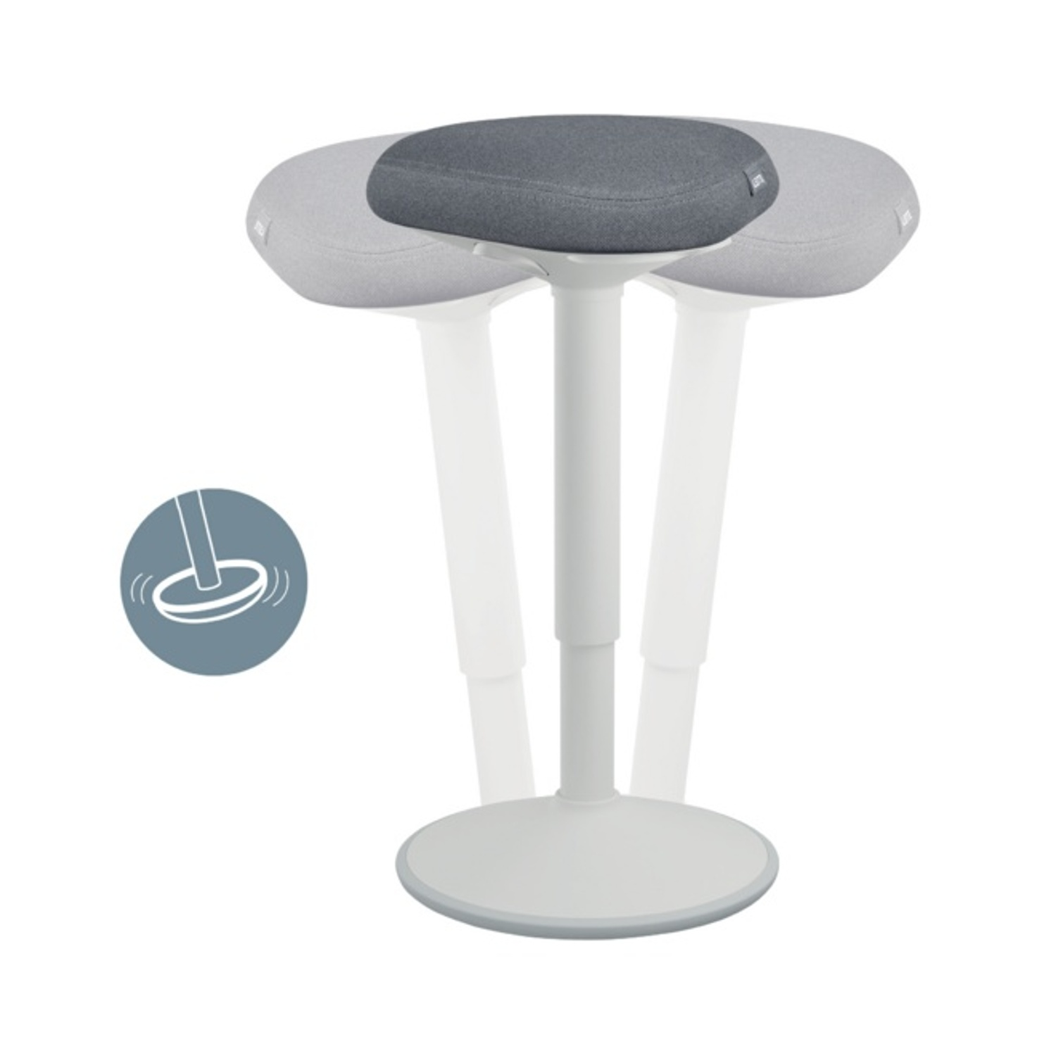 Uno sgabello grigio su supporto bianco con icona base oscillante.