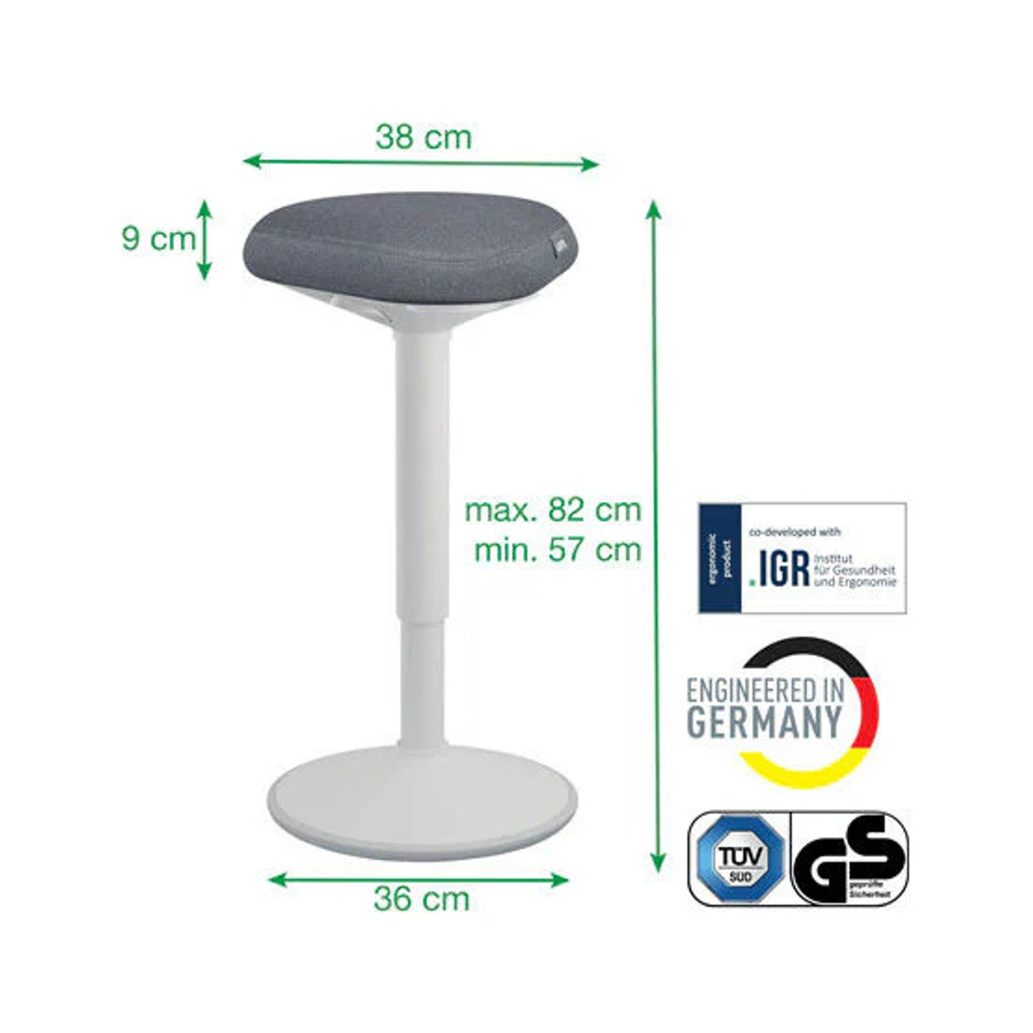 Uno sgabello regolabile con sedile grigio e base bianca. Dimensioni indicate.