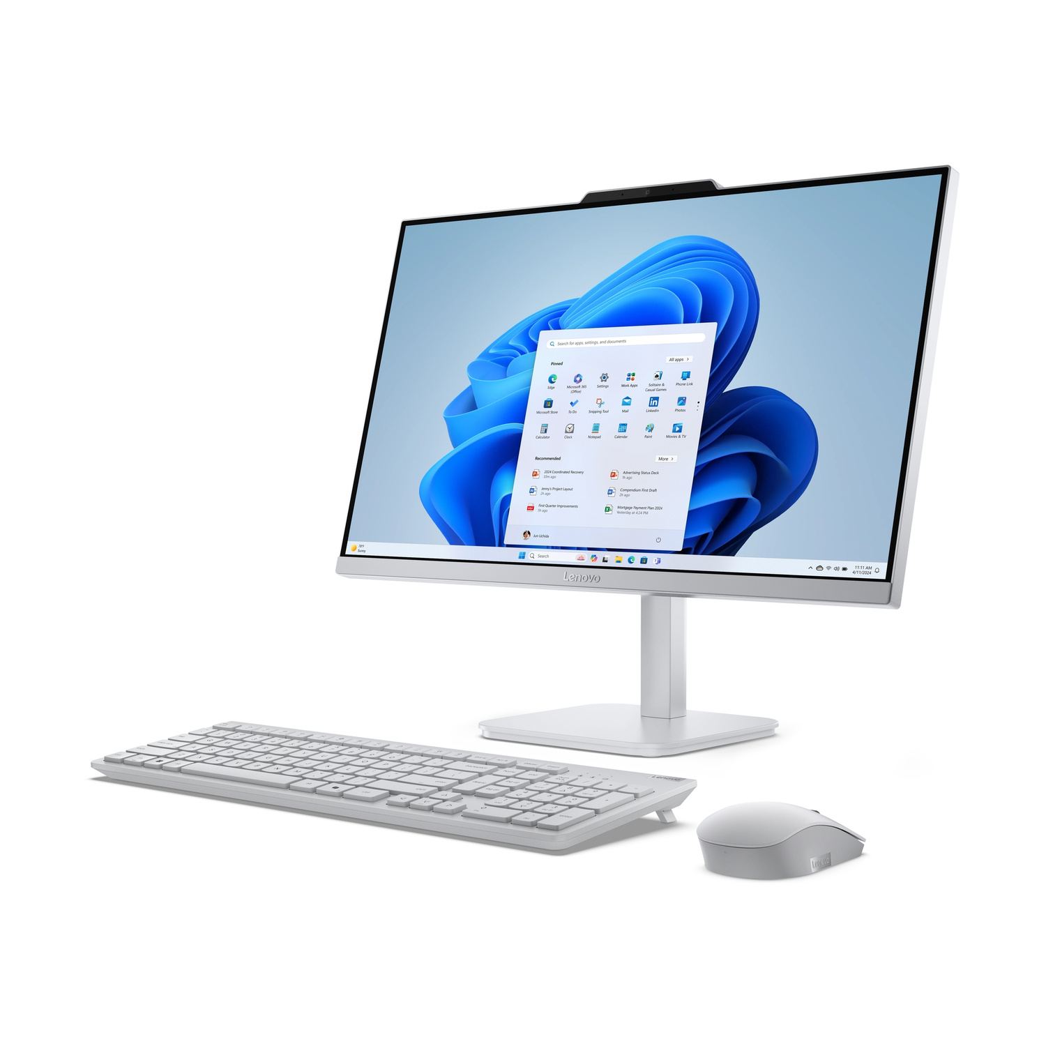 Computer all-in-one bianco Lenovo con tastiera e mouse su sfondo bianco.