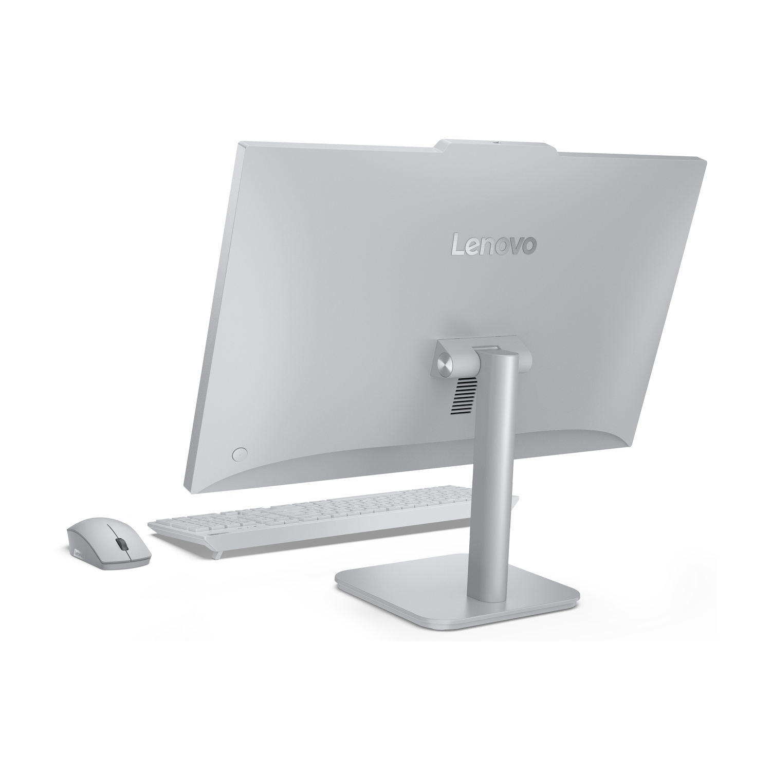 PC all-in-one Lenovo argento con tastiera e mouse, vista posteriore.