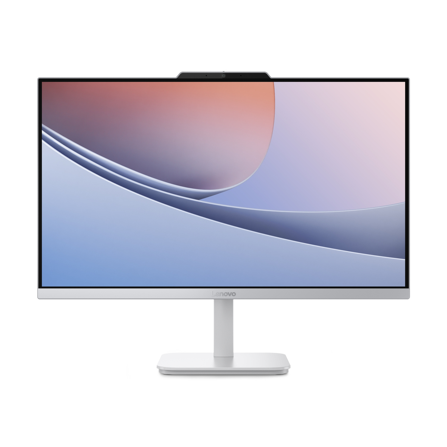 Un elegante monitor Lenovo bianco con webcam e sfondo astratto.
