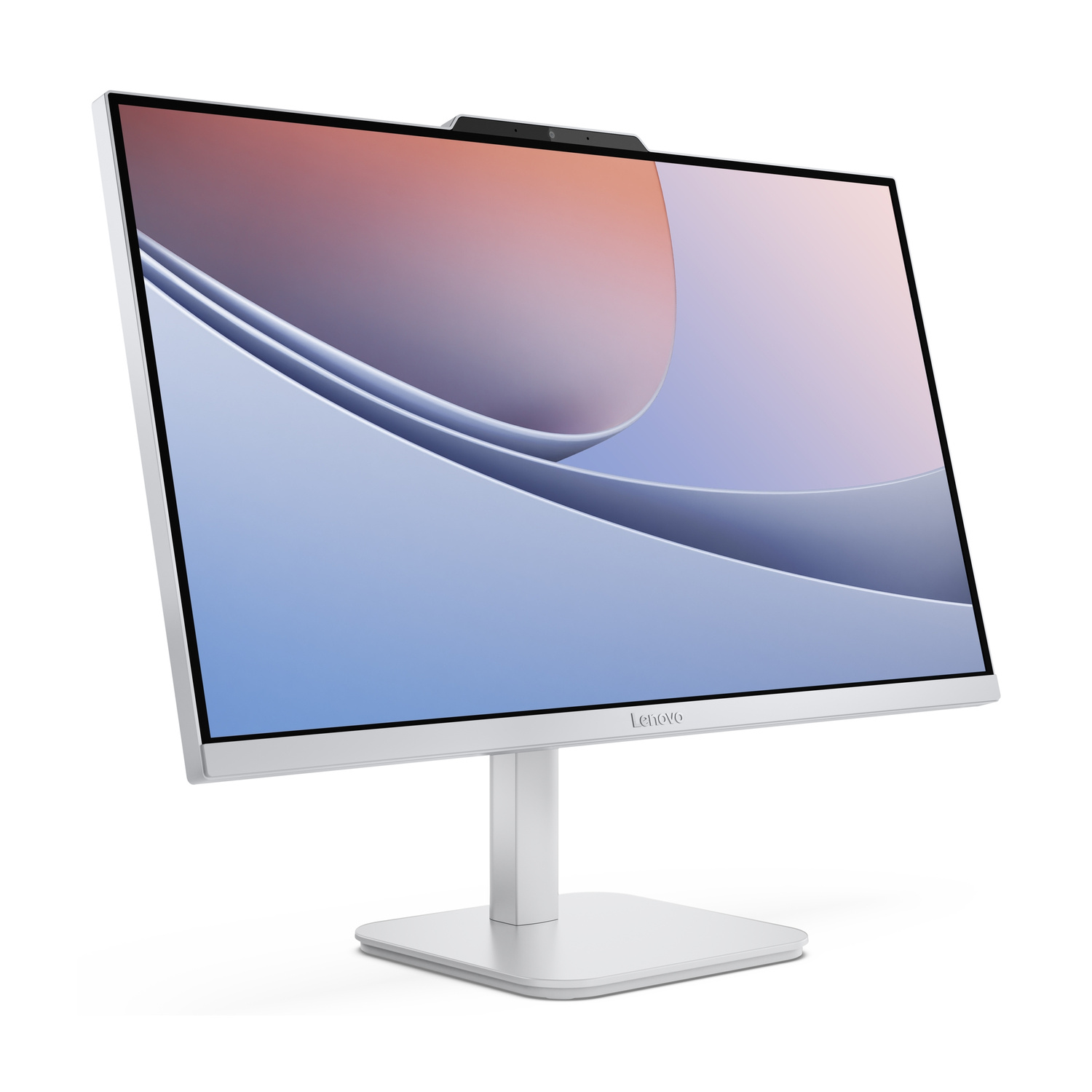 Un computer All-in-One Lenovo argentato con fotocamera su sfondo bianco.