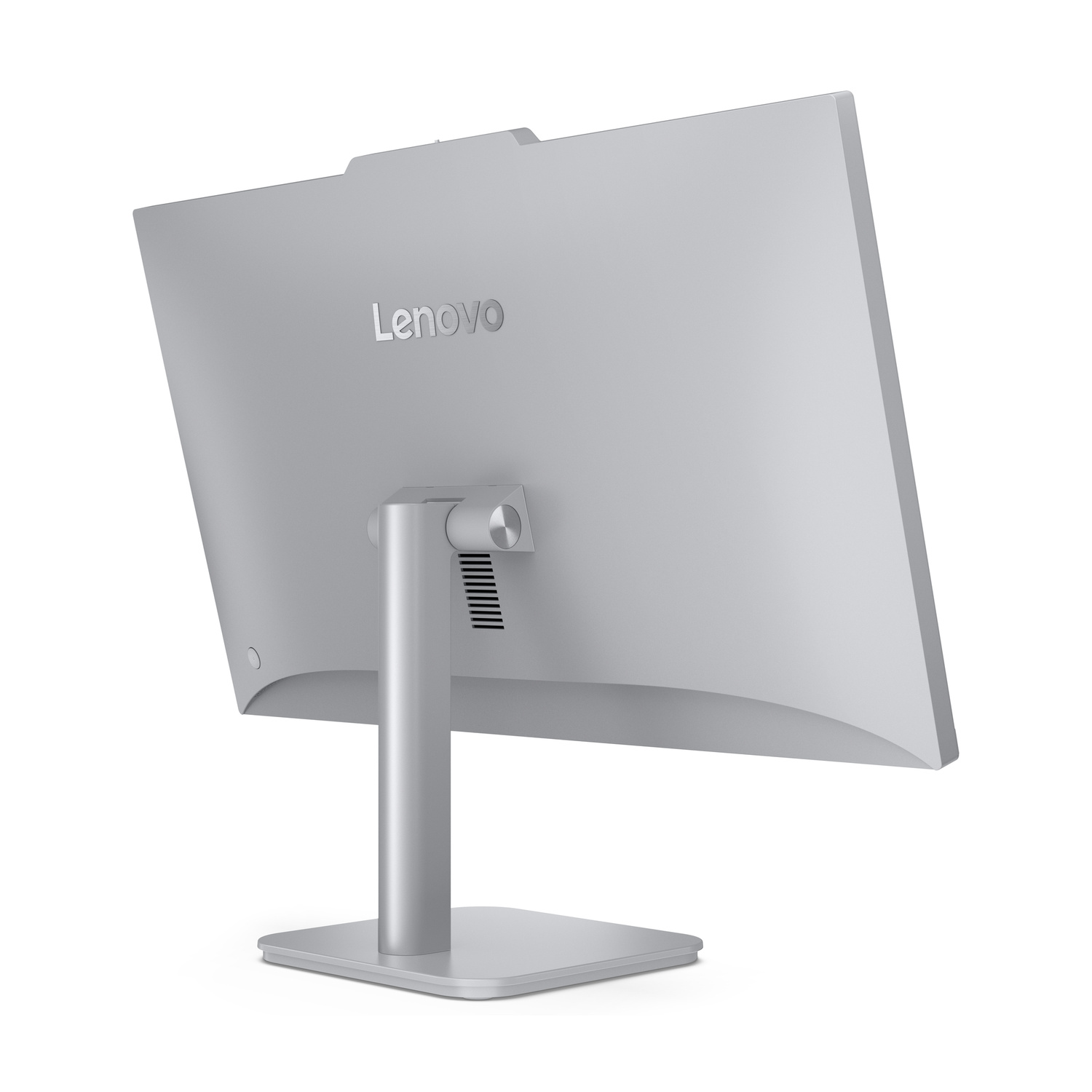 Vista posteriore di un monitor Lenovo argentato con supporto, su sfondo bianco.
