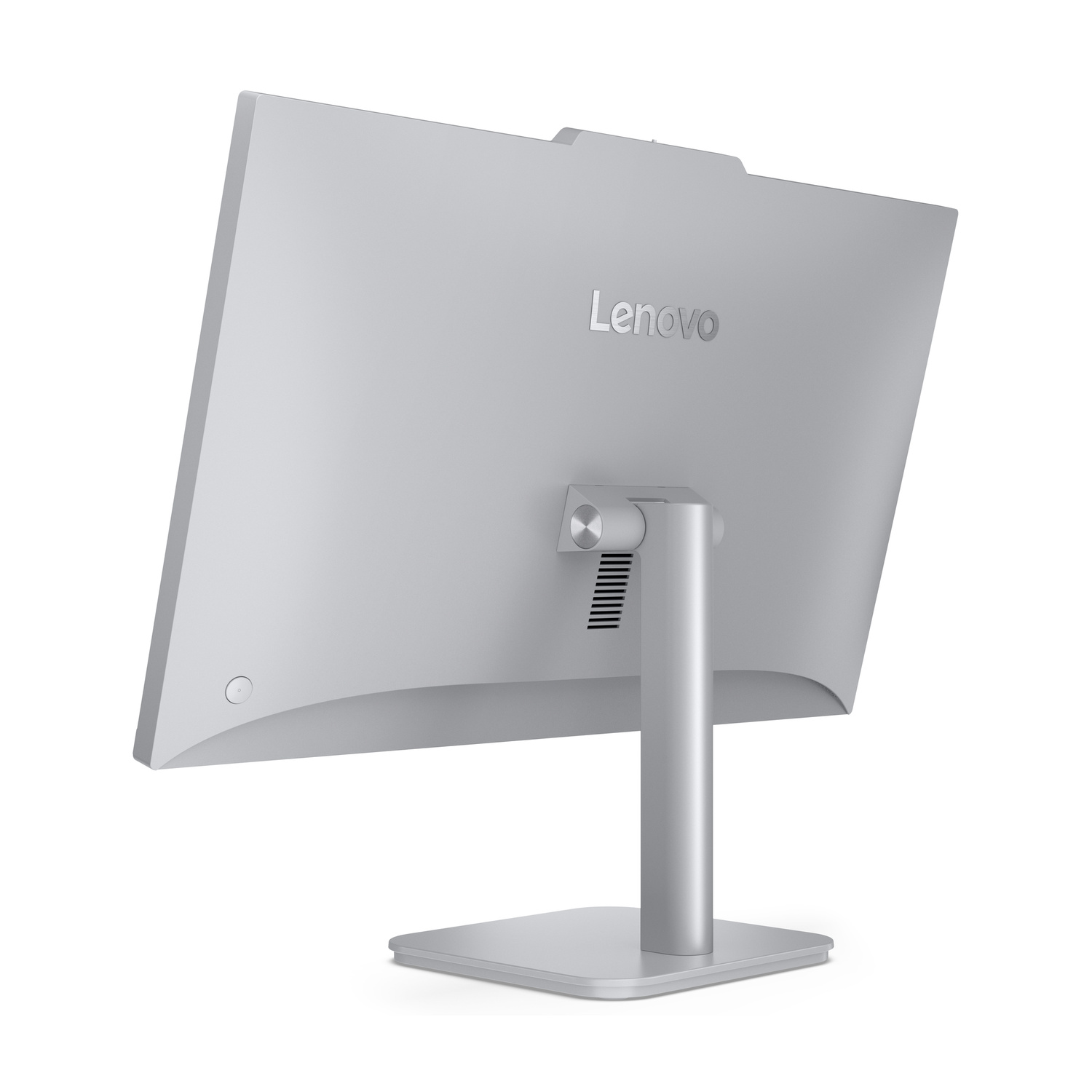 Vista posteriore di un monitor Lenovo argentato su un supporto stabile, sfondo bianco.