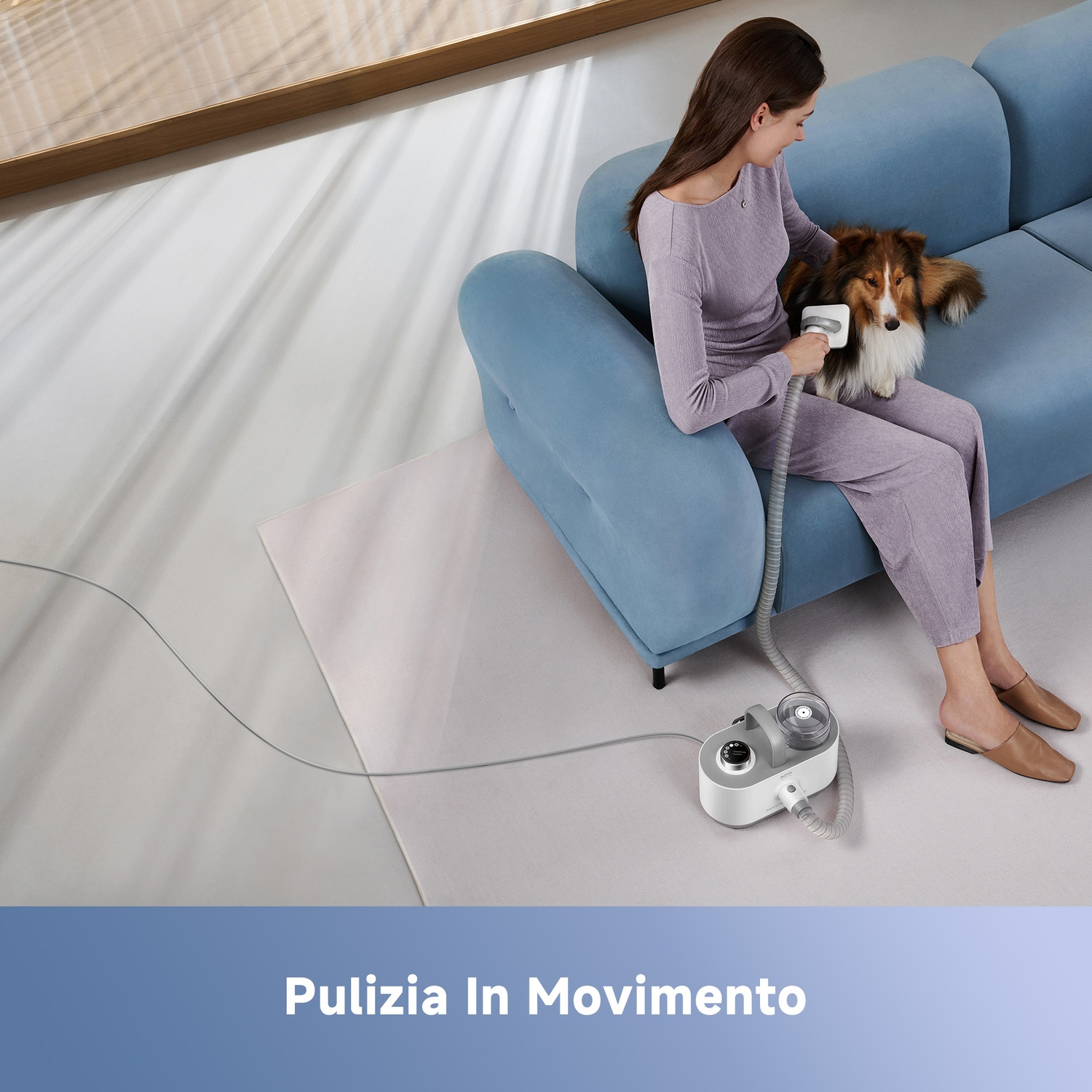 Una donna seduta su un divano blu toeletta il suo cane con un dispositivo.