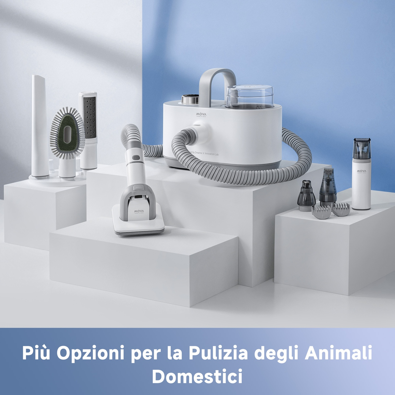 Dispositivi bianchi e grigi per la cura degli animali su piedistalli bianchi.