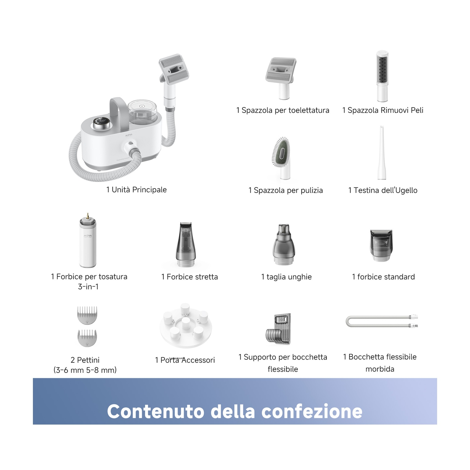 Unità principale con accessori: spazzole, forbici, pettini, supporto e bocchetta.