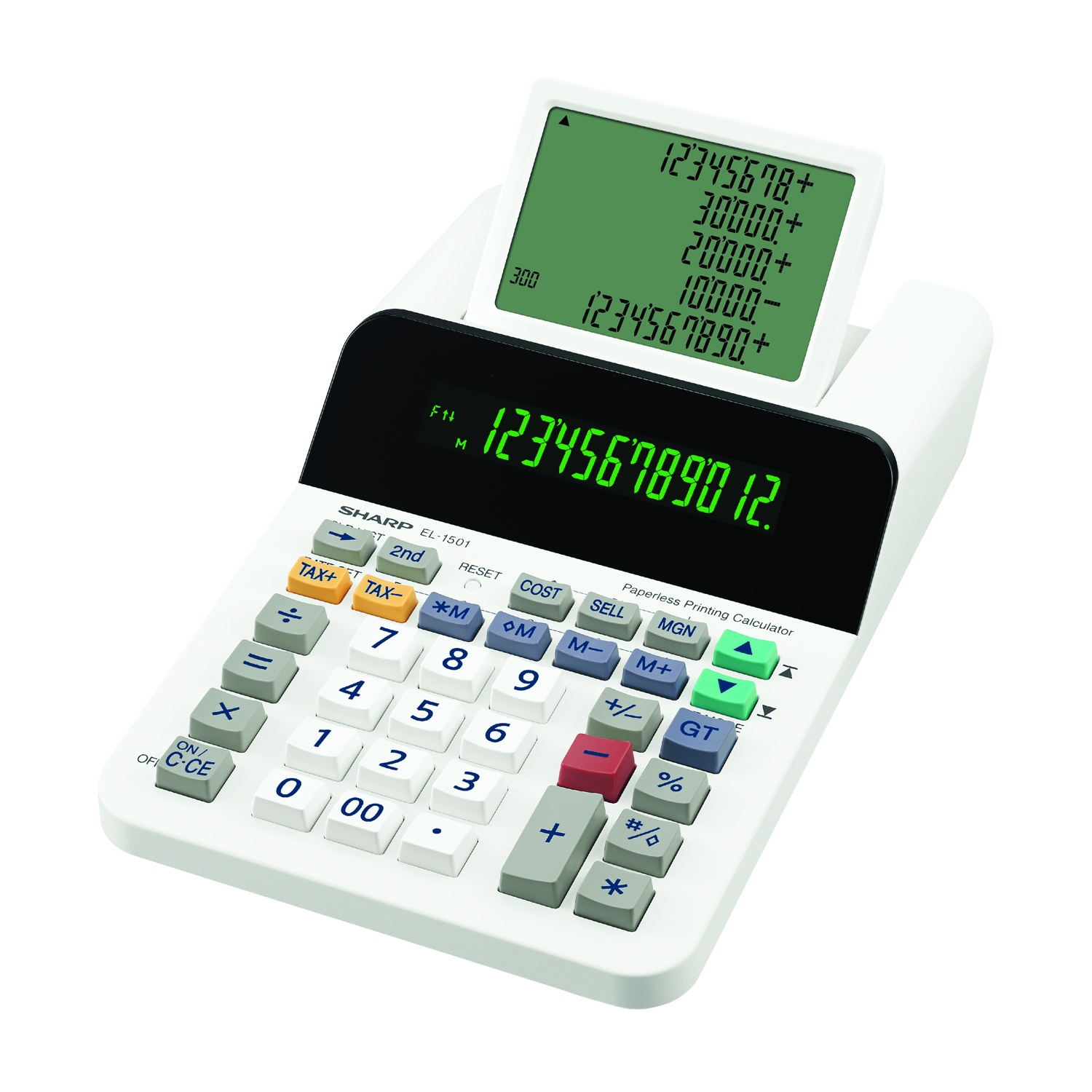 Calcolatrice da stampa Sharp EL-1501 bianca con display verde.