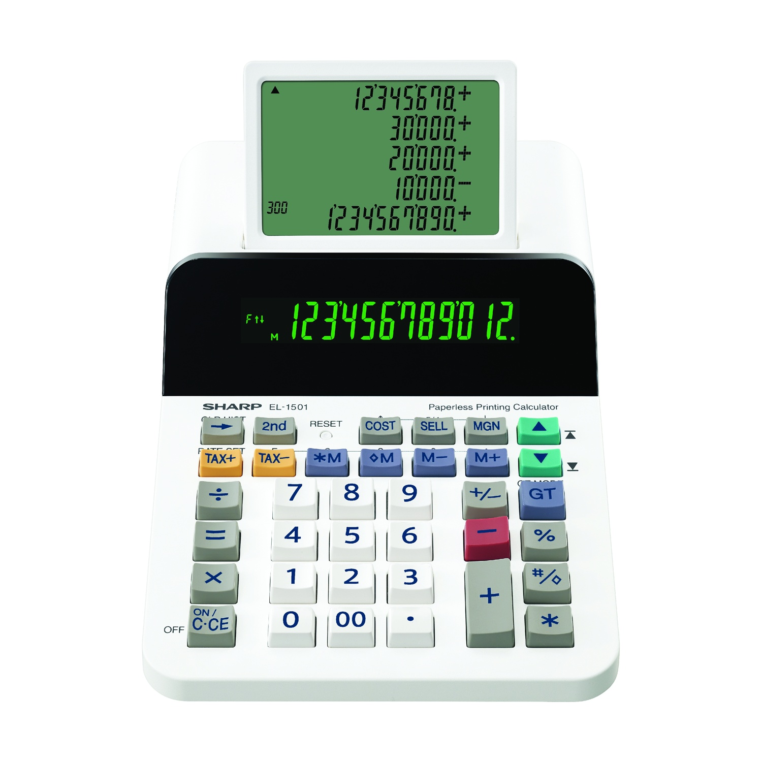 Una calcolatrice Sharp EL-1501 bianca con display e tastiera verdi.
