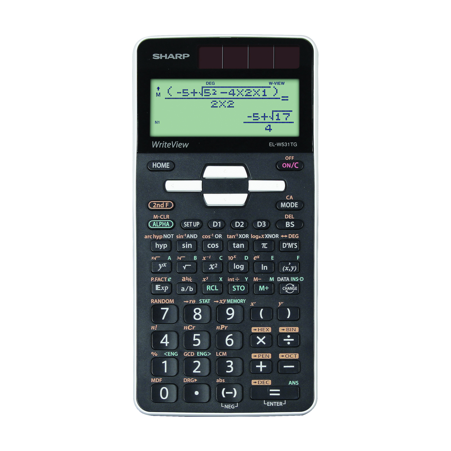 Una calcolatrice Sharp nera con display verde che mostra una formula matematica.