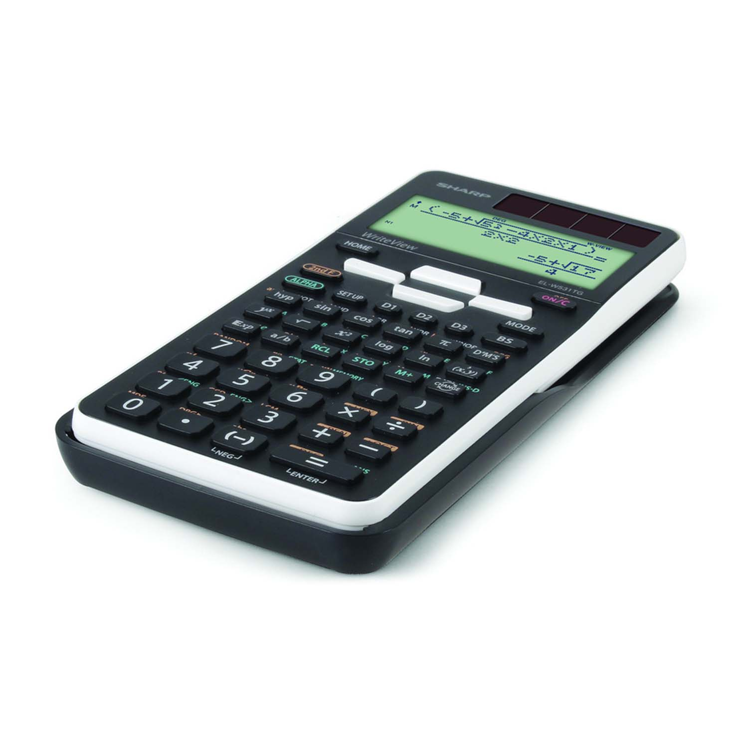 Una calcolatrice Sharp nera con pannelli solari e display verde che mostra una formula matematica.