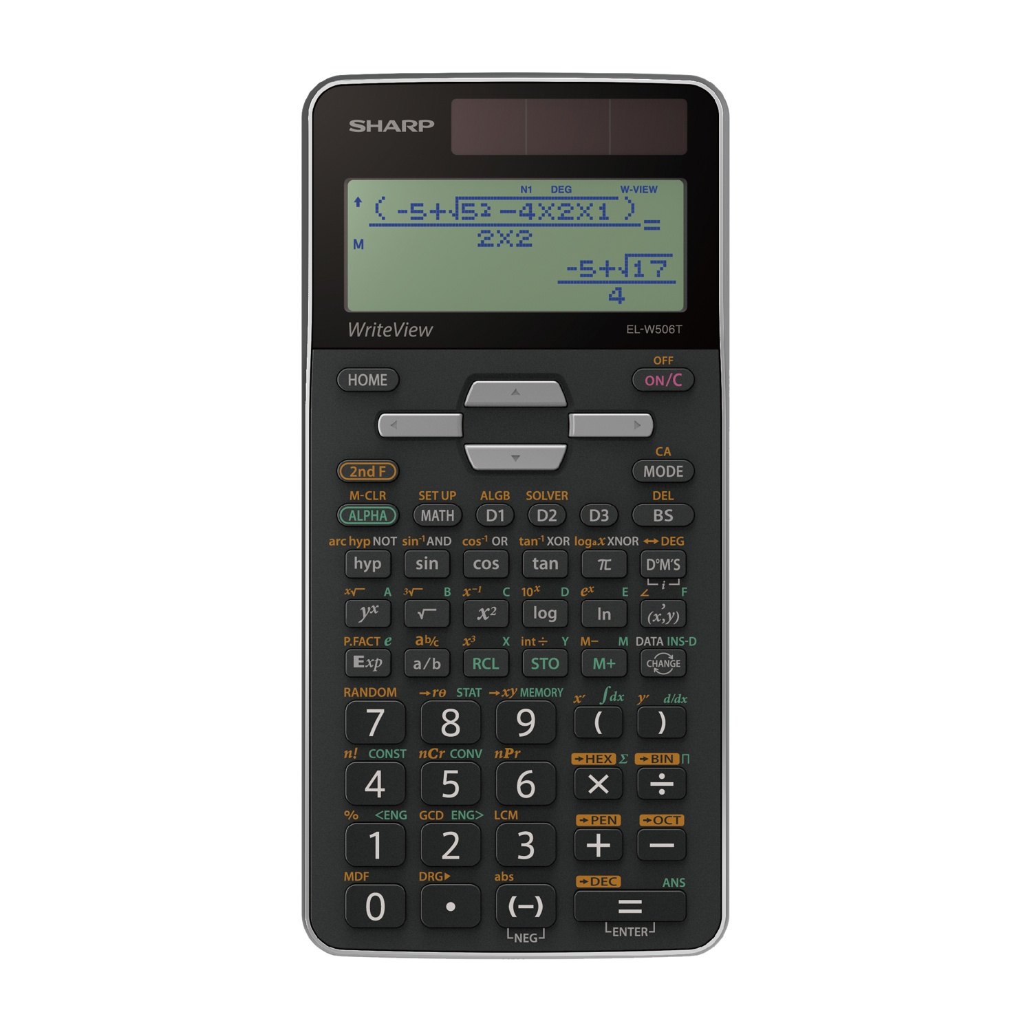 Una calcolatrice Sharp nera con display verde che mostra una formula matematica.