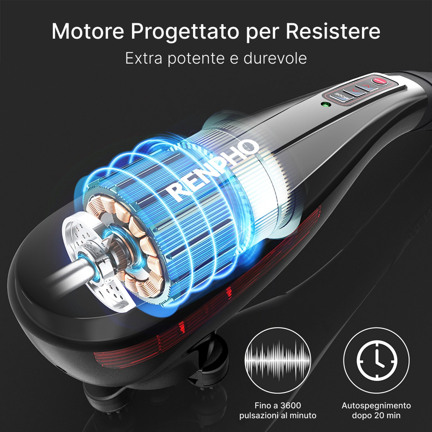 Pistola massaggio con motore potente, fino a 3600 pulsazioni/min, autospegnimento 20 min.