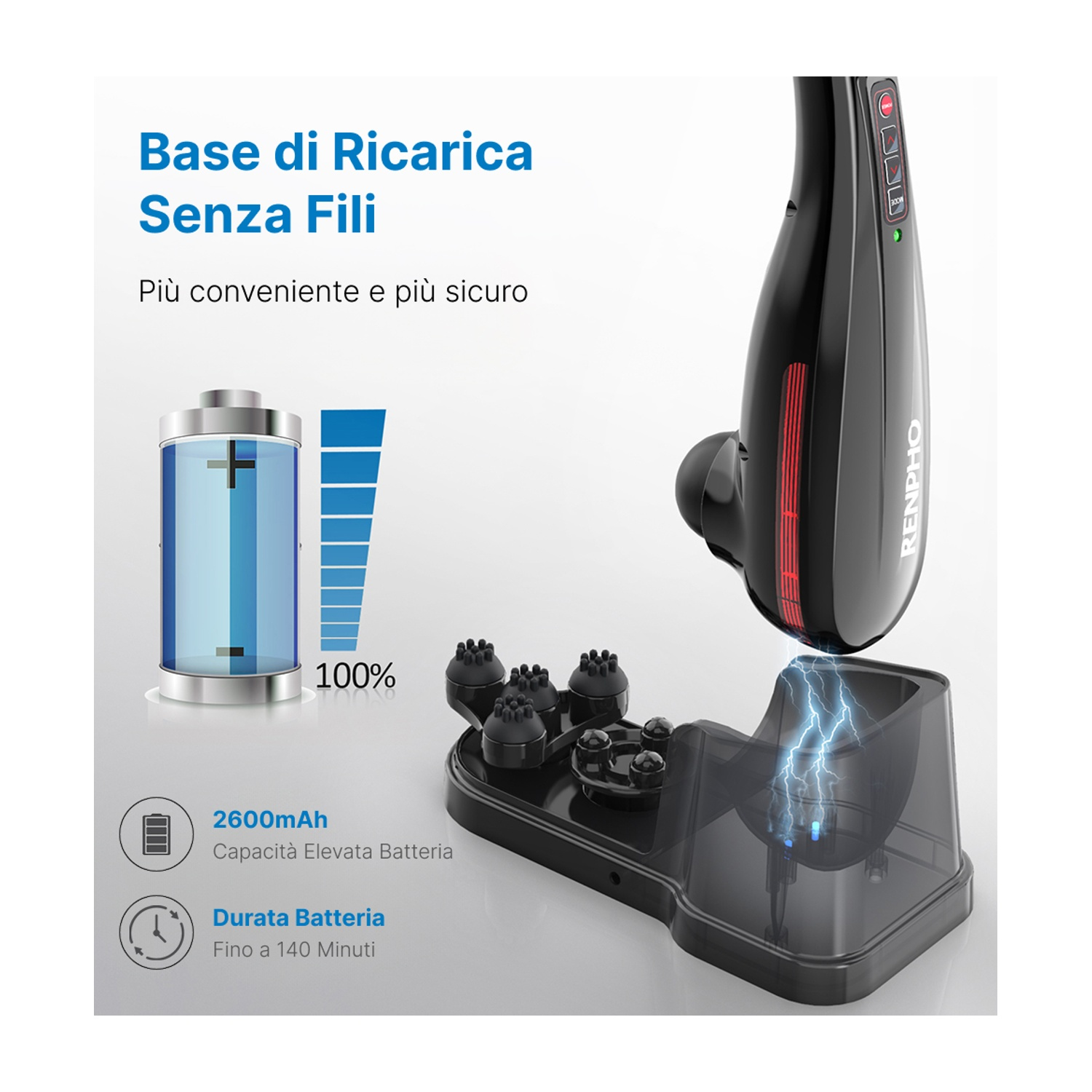 Base di ricarica wireless con massaggiatore, indicatore batteria e contatti.