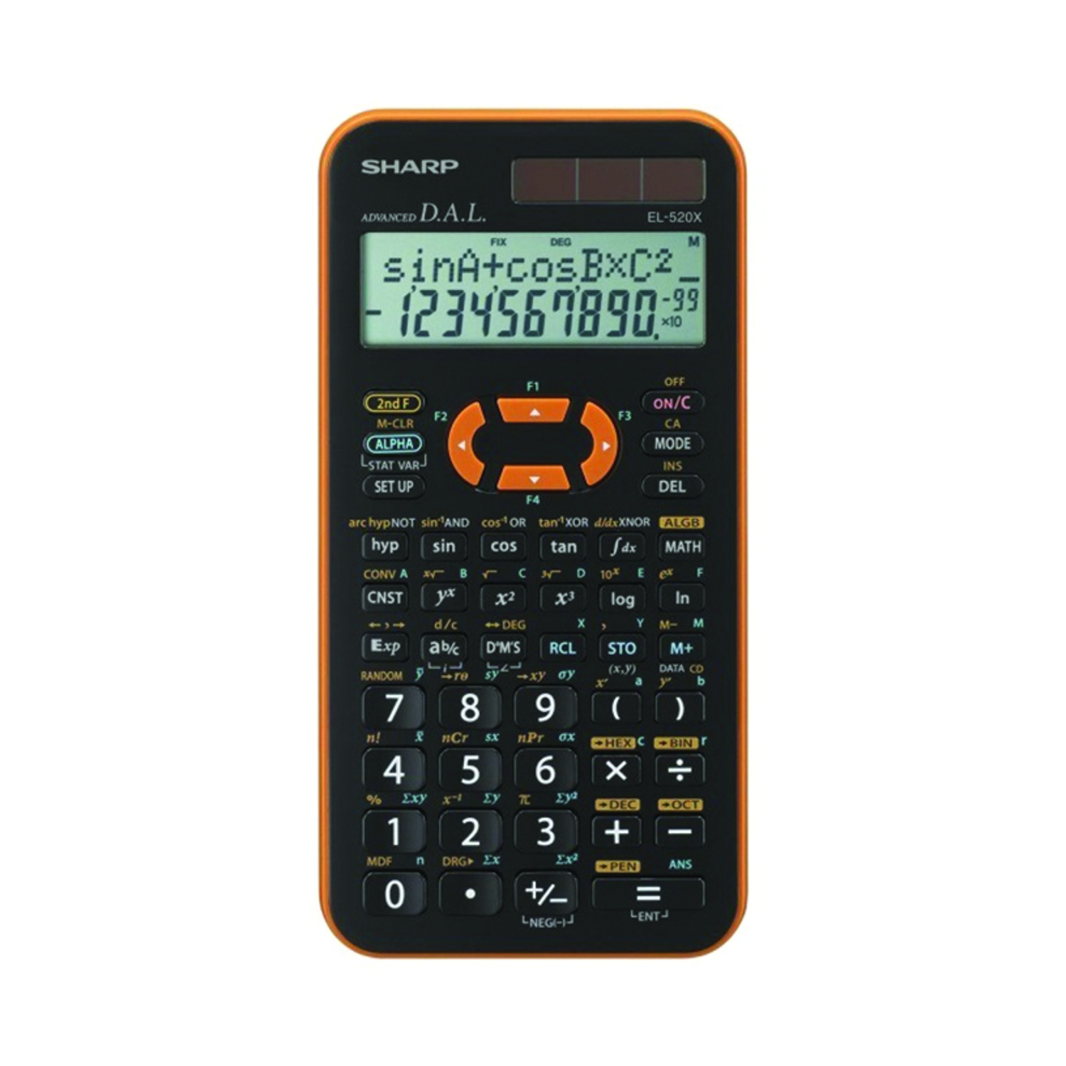 Calcolatrice scientifica Sharp nera con custodia e display arancioni.