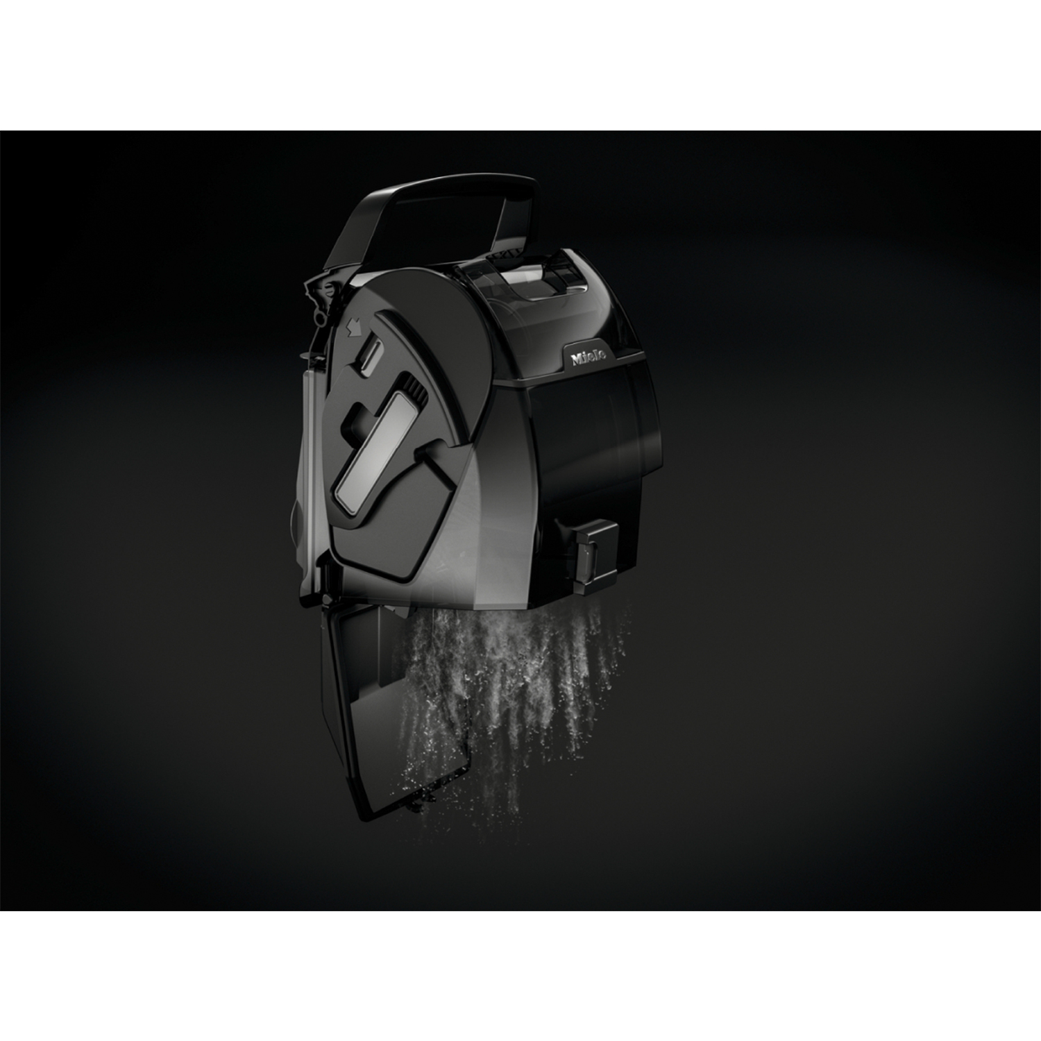 Contenitore polvere Miele nero con particelle di polvere che cadono.