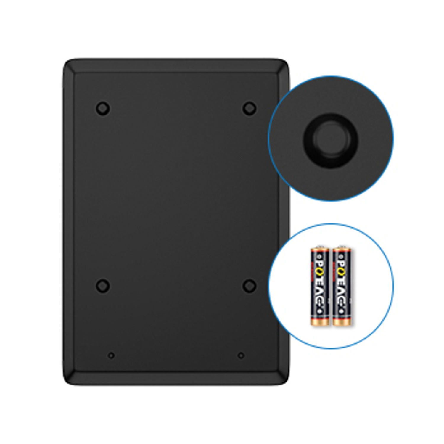 Rettangolo nero con due batterie e un pulsante in un cerchio.