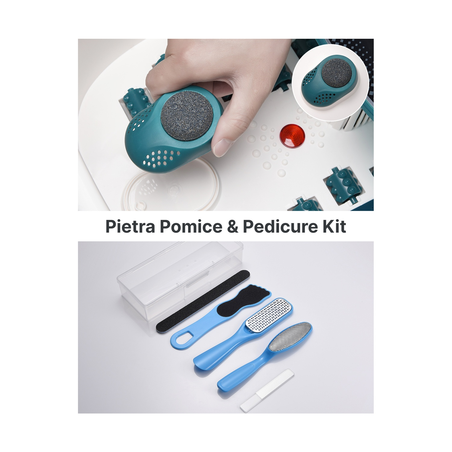Kit pedicure con vari accessori tra cui pietra pomice, lime e spazzole.