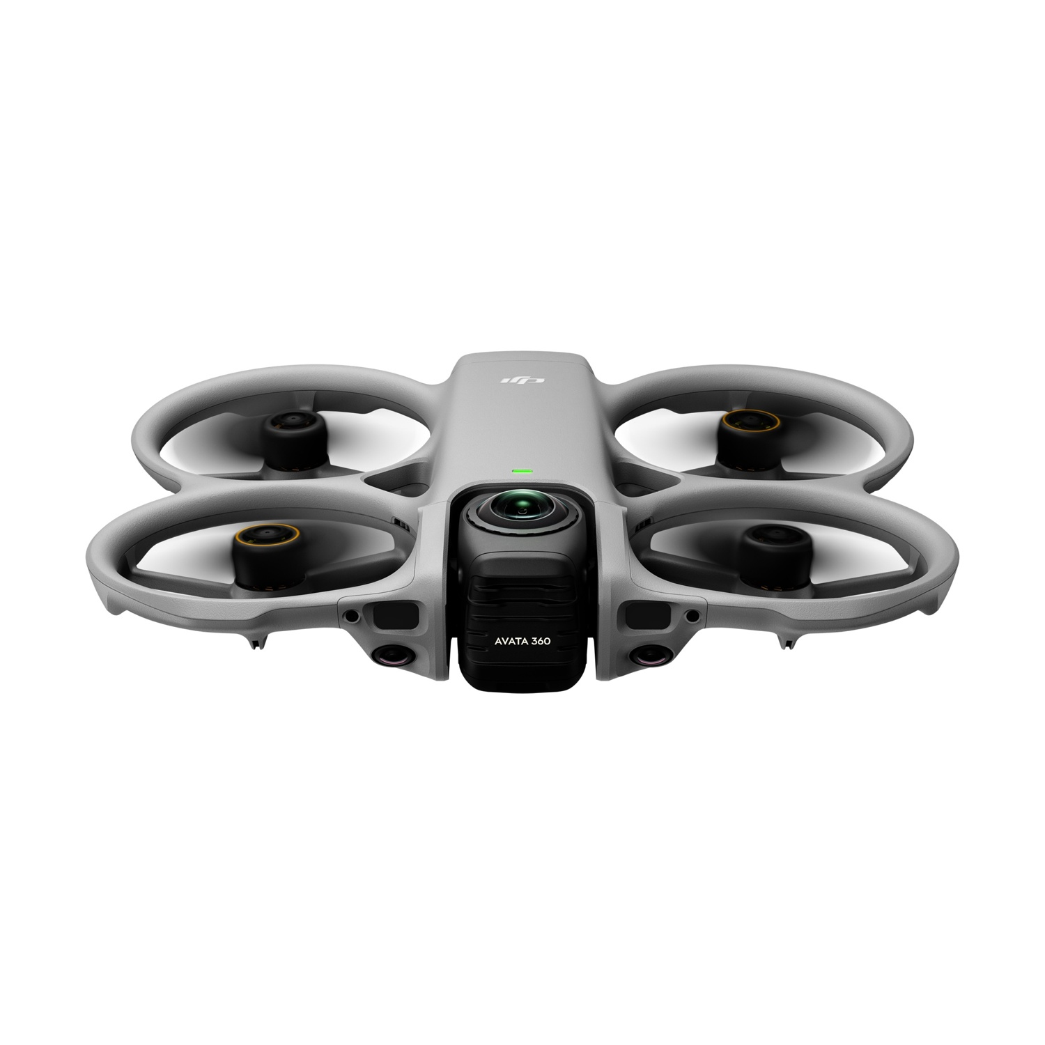 Drone DJI Avata 360 grigio con fotocamera ed eliche su sfondo bianco.