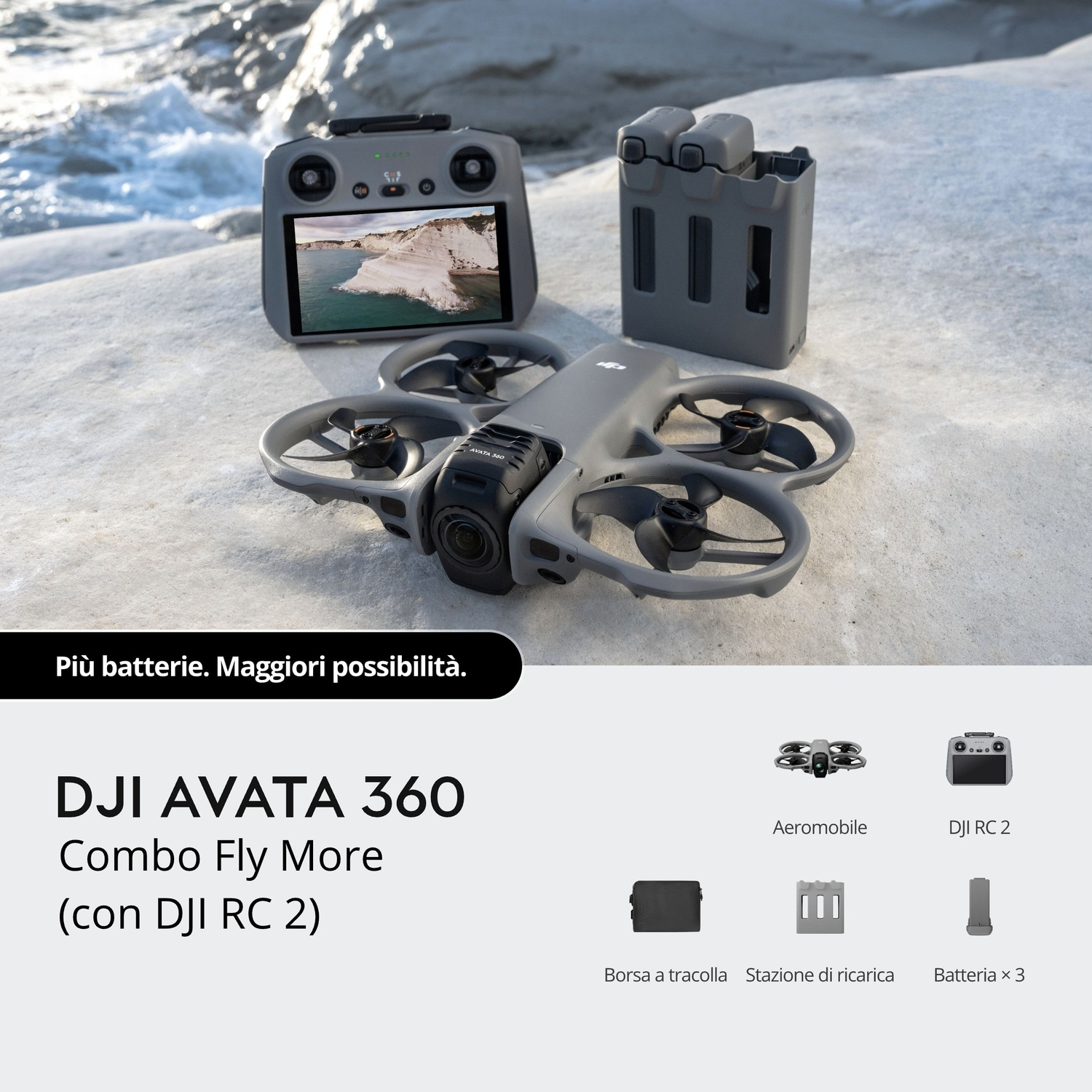 Combo DJI Avata 360 Fly More grigio con DJI RC 2, batterie, stazione di ricarica e borsa.