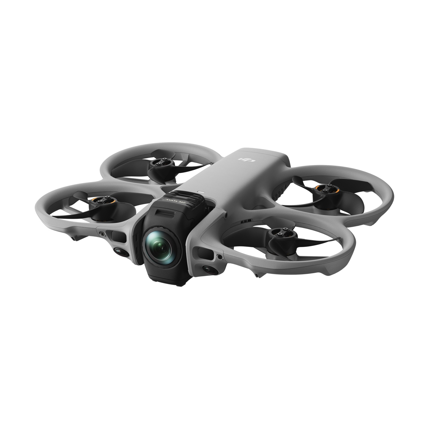 Drone DJI Avata grigio con telecamera ed eliche su sfondo bianco.