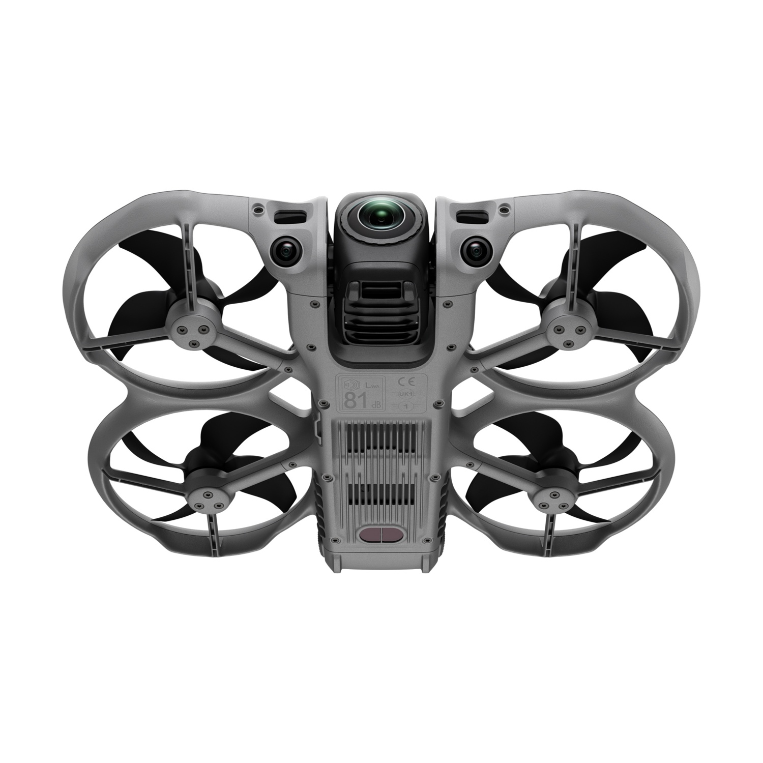 Drone grigio con quattro eliche e telecamera in alto, visto dal basso.