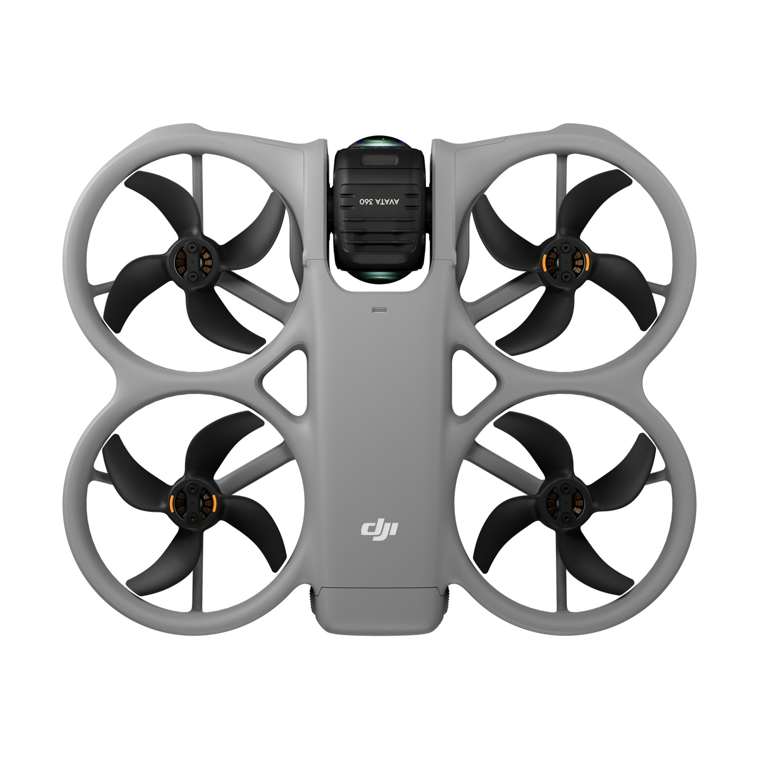Drone grigio DJI Avata 360 con quattro eliche e una telecamera.