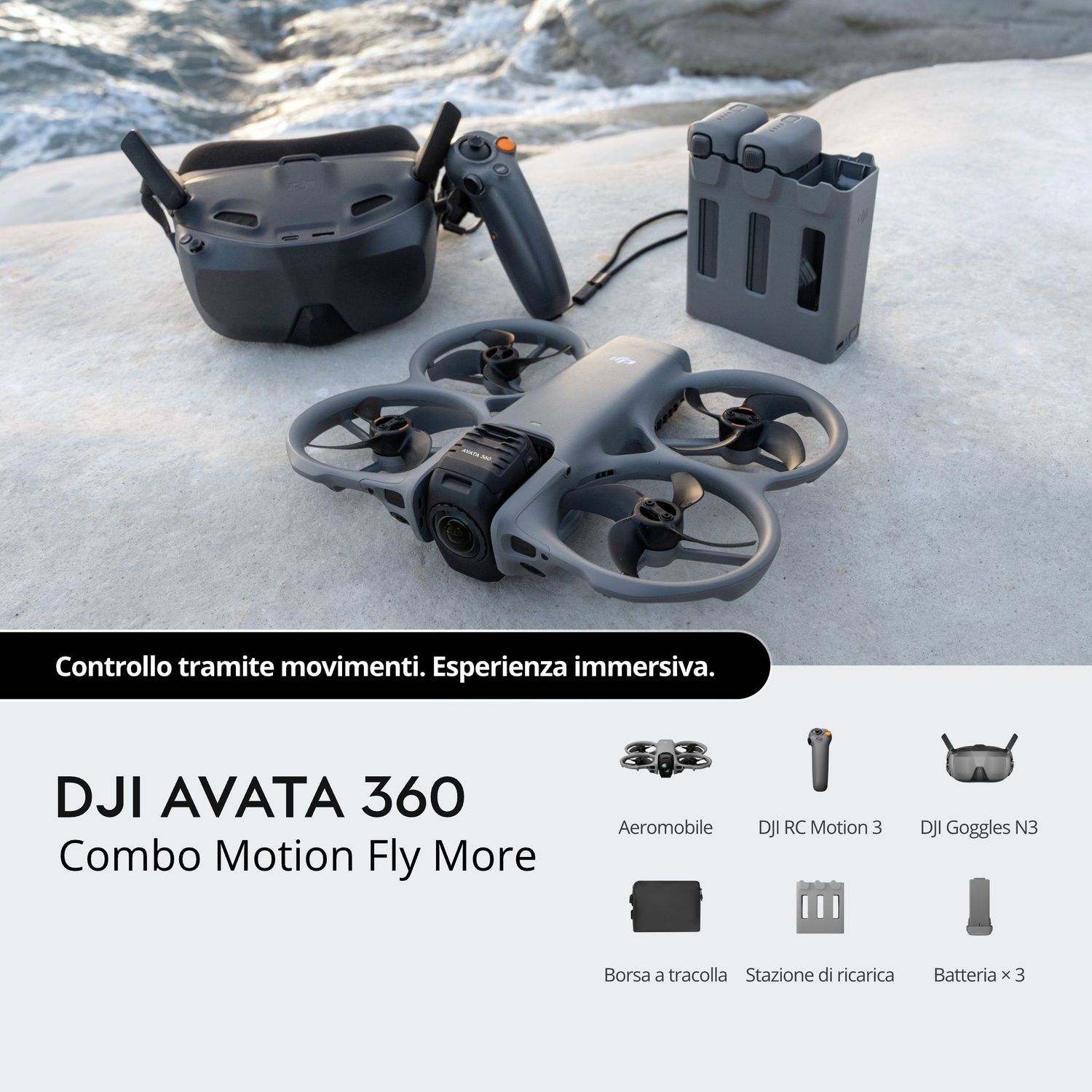 Drone DJI Avata grigio con controller, occhiali e accessori su pietra.