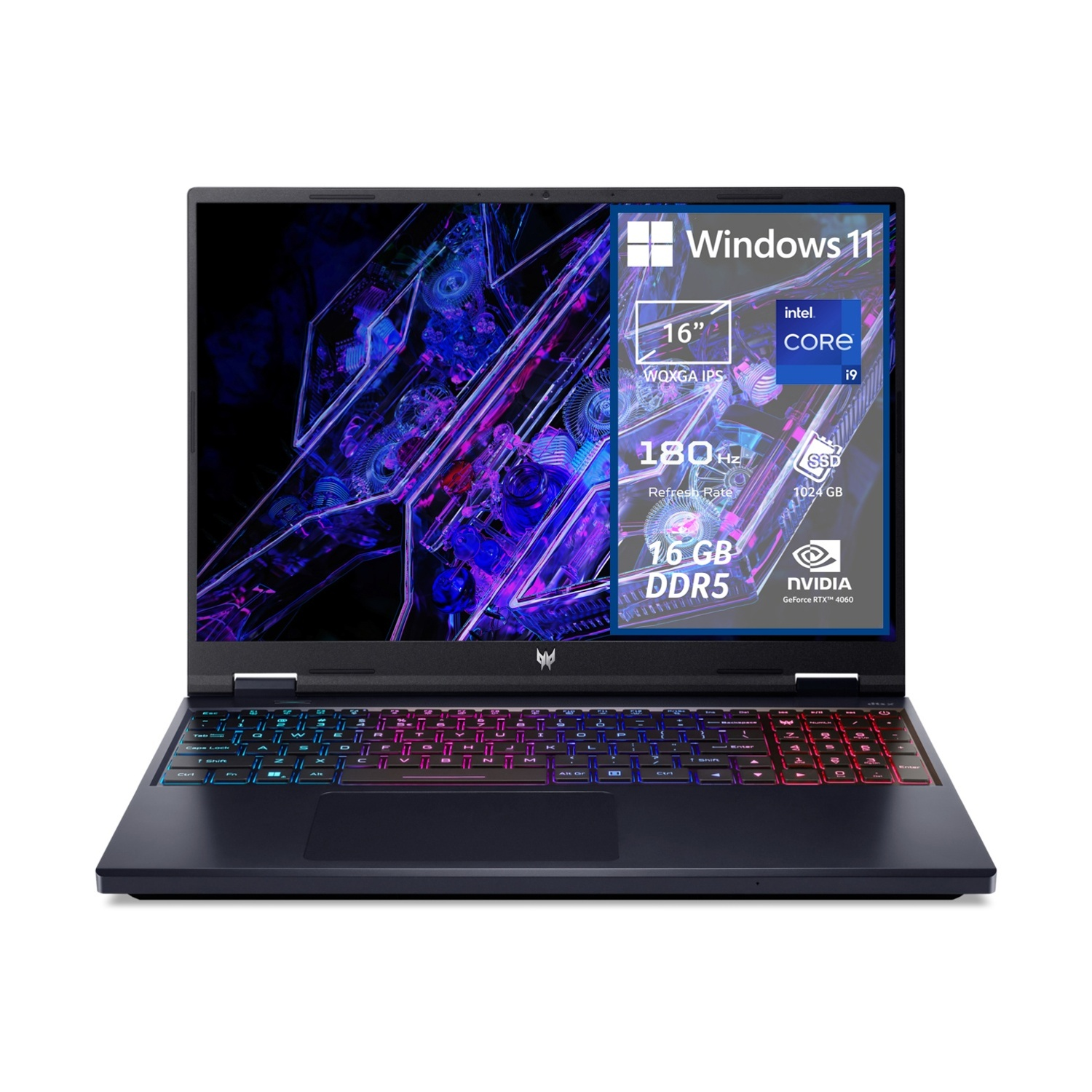 Un laptop scuro con uno sfondo astratto e vibrante. Specifiche: Win 11, 16" WOXGA IPS, 180Hz, 16GB DDR5, i9, SSD 1TB, RTX 4060.