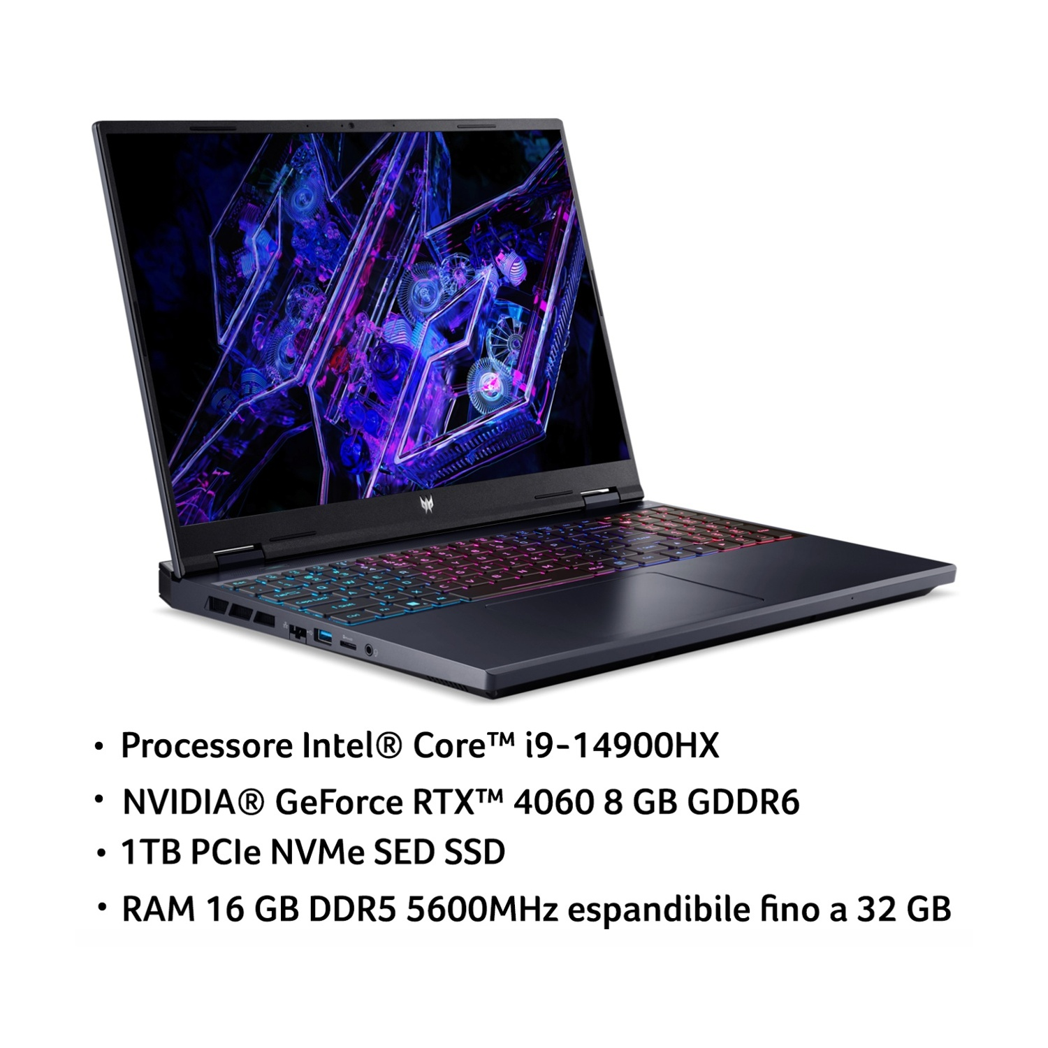 Un laptop aperto con tastiera colorata e immagine di sfondo tecnologica.