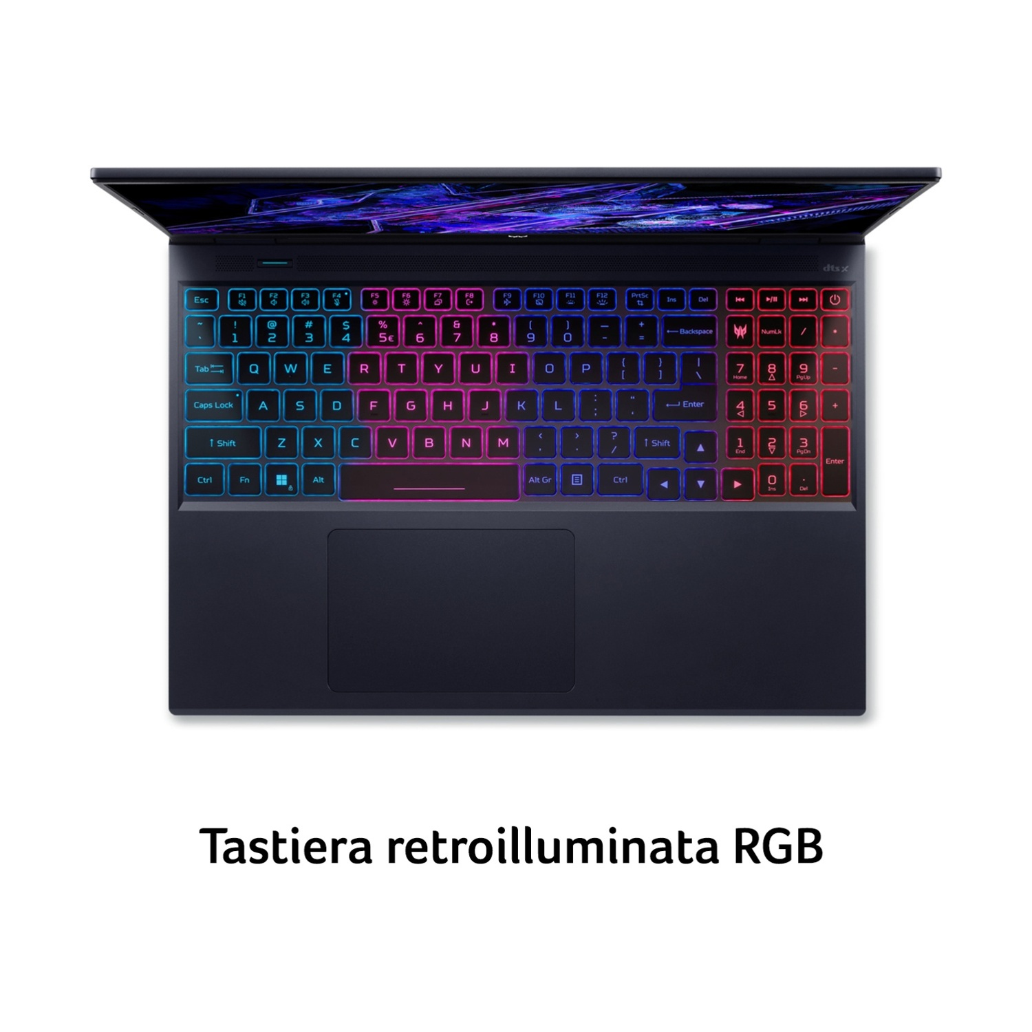 Un laptop scuro con tastiera retroilluminata RGB e schermo visibile.