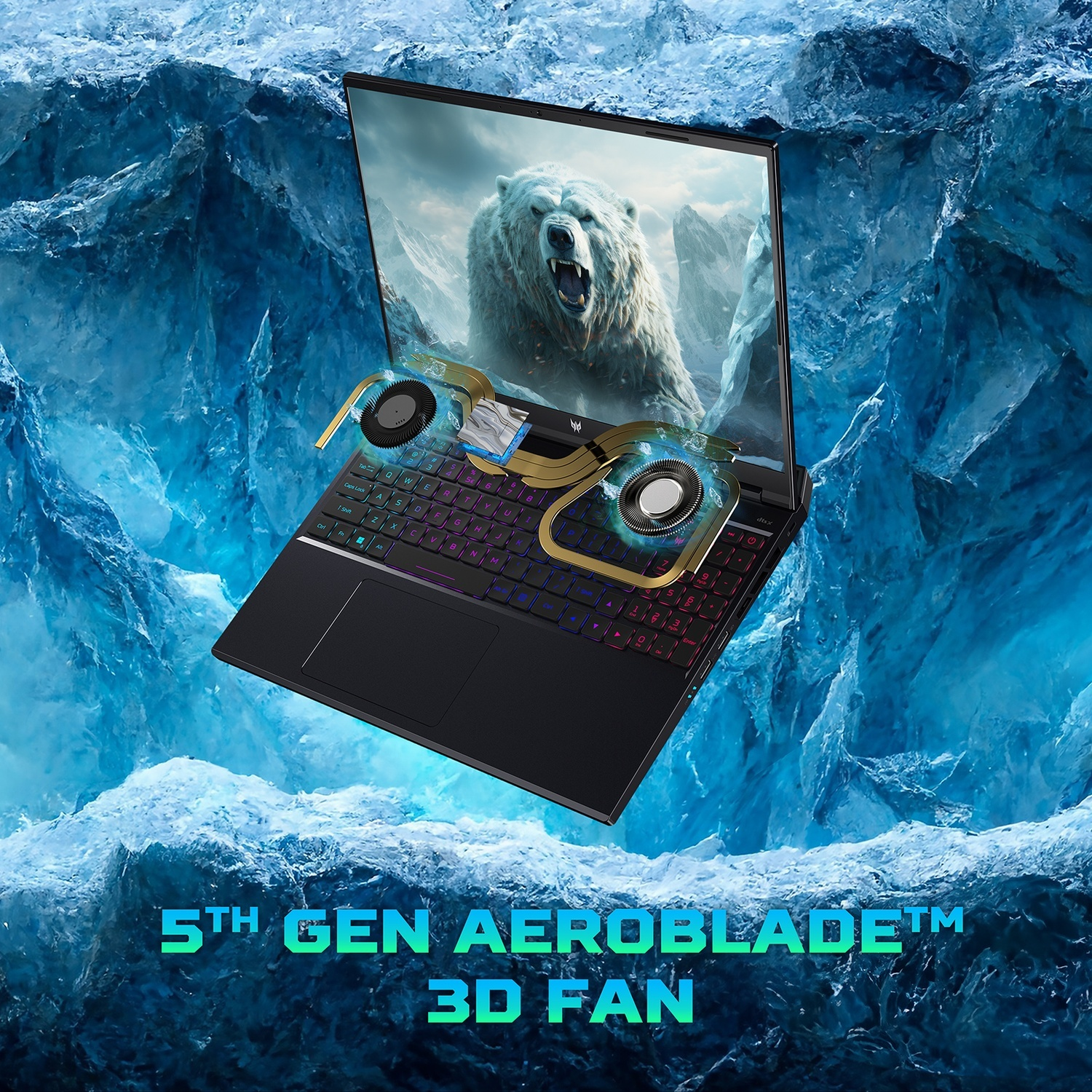 Laptop con tastiera luminosa, ventola Aeroblade 3D 5a gen e orso polare sullo schermo.