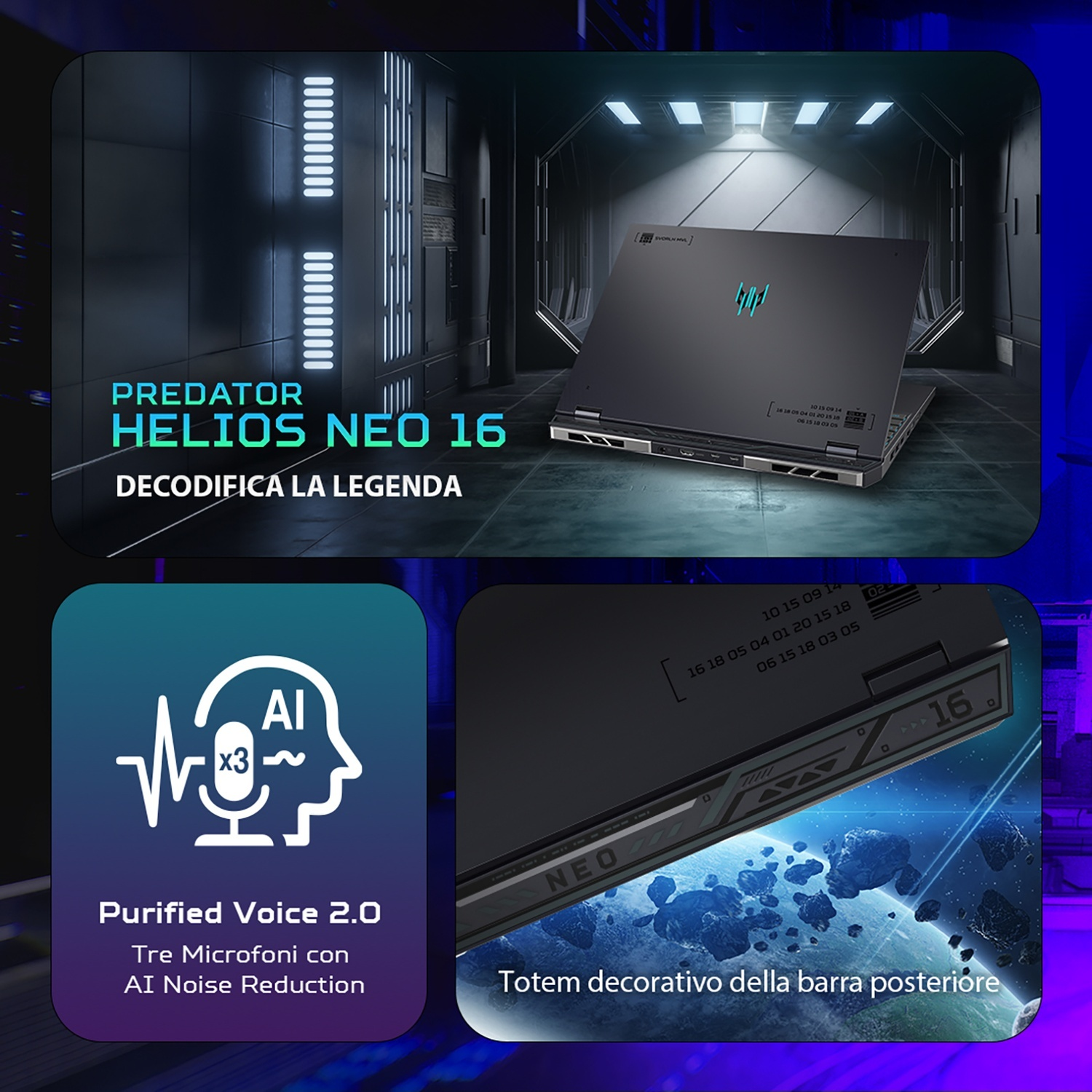 Un laptop con logo Predator Helios Neo 16 e icona microfono AI.