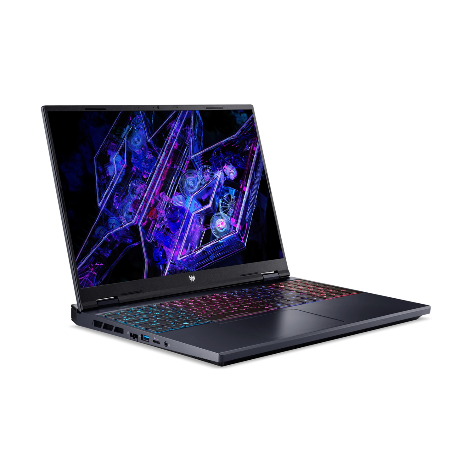 Un laptop scuro con tastiera retroilluminata e display astratto.