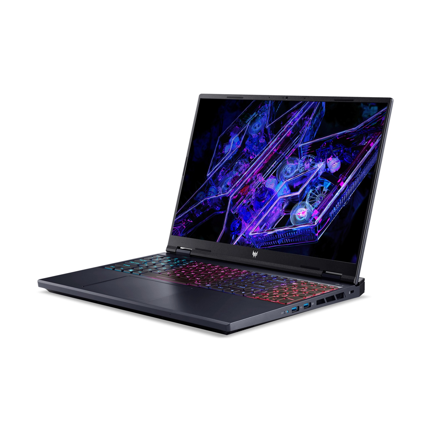 Un laptop scuro con tastiera retroilluminata e sfondo astratto sullo schermo.